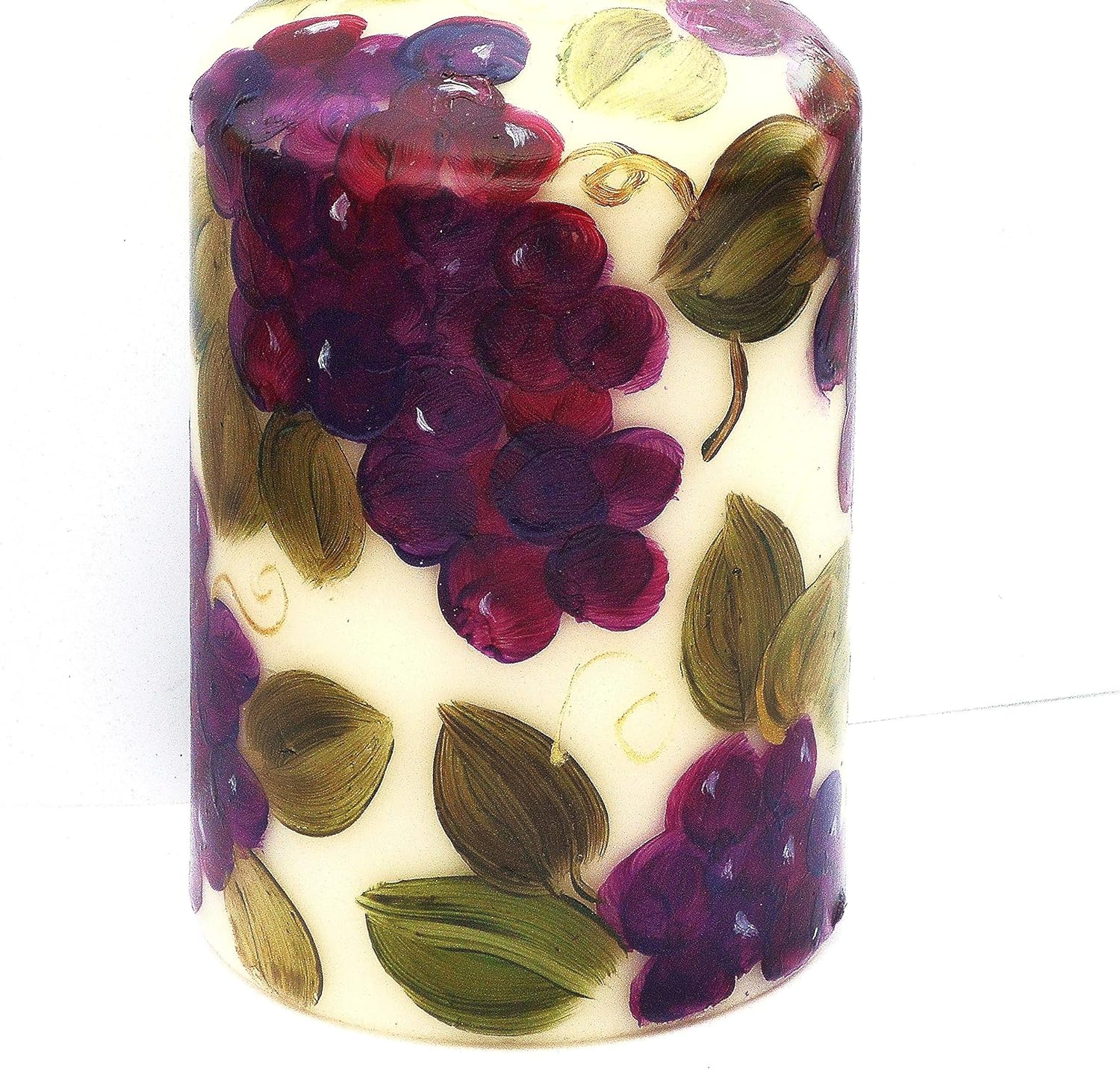 Decorative Artist Hand Painted Purple Grapes Grapevines Short Ivory Pillar Candle Mediterranean Tuscan Fruit Decor for Kitchen Dining Room