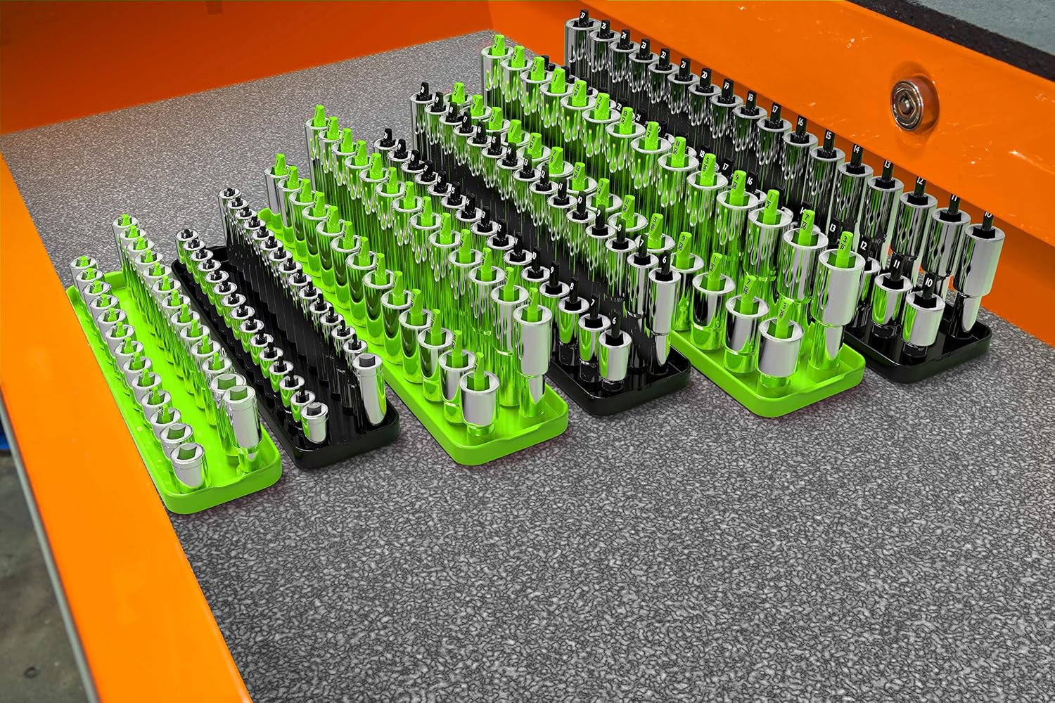 Olsa Tools SAE (Green) & Metric (Black) Socket Storage Trays - 6 Piece Set | 1/4-Inch, 3/8-Inch, 1/2-Inch Drive | Professional Quality Tool Organizer | Professional Grade