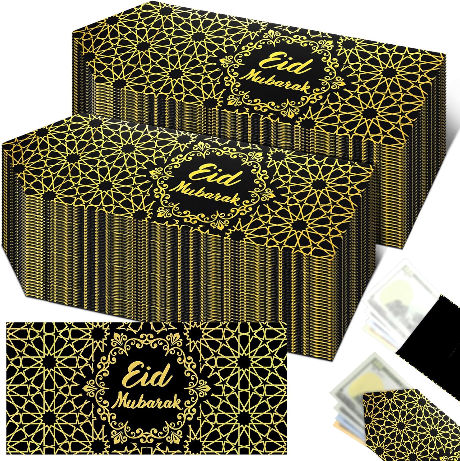 Sinmoe 72 Pcs Eid Mubarak Money Envelopes Bulk 6.7 x 3.2 inch Gold Foil Cash Gift Card Ramadan Lucky Cash Envelope Set for Eid Holiday Currency Celebration Decorations(Black)