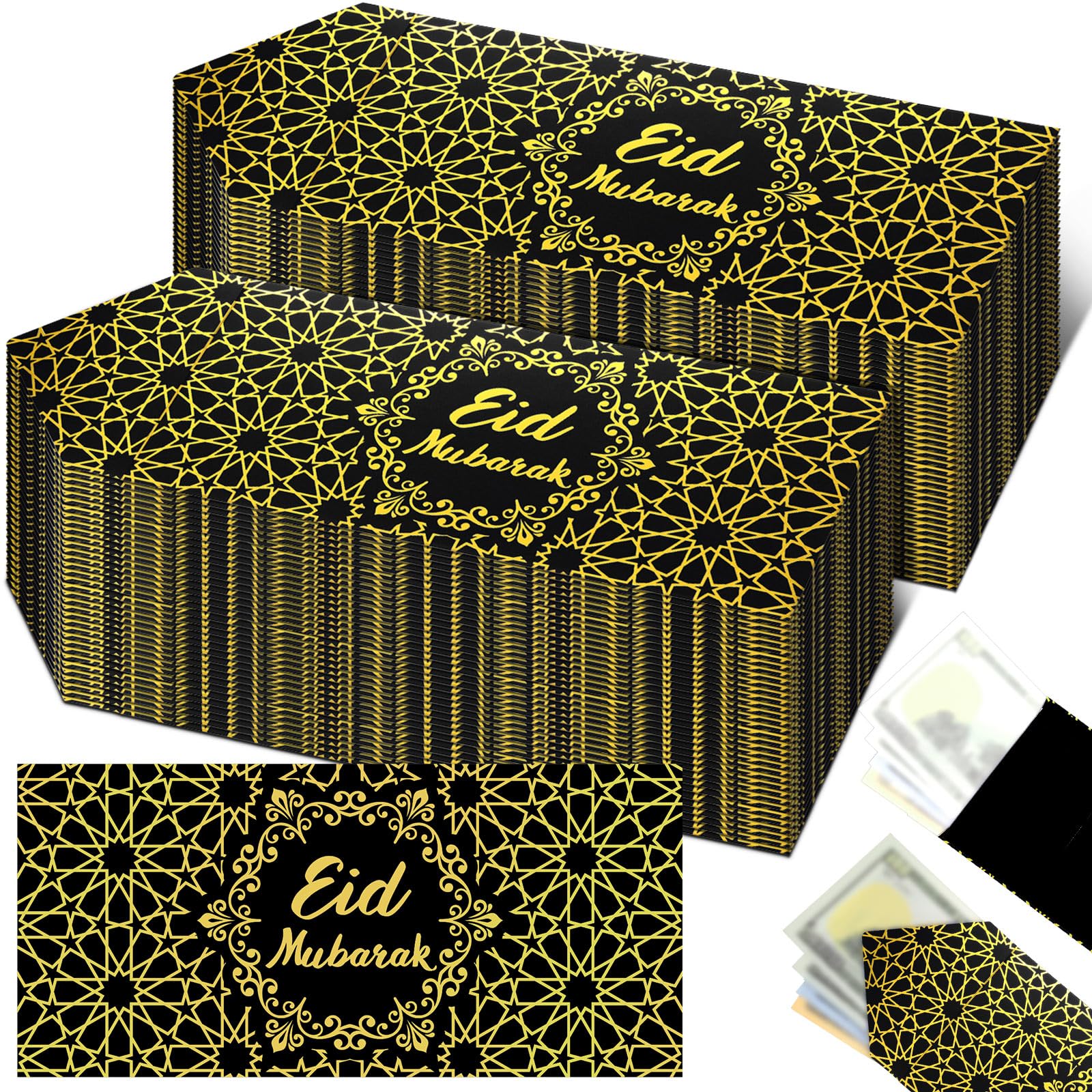 Sinmoe 72 Pcs Eid Mubarak Money Envelopes Bulk 6.7 x 3.2 inch Gold Foil Cash Gift Card Ramadan Lucky Cash Envelope Set for Eid Holiday Currency