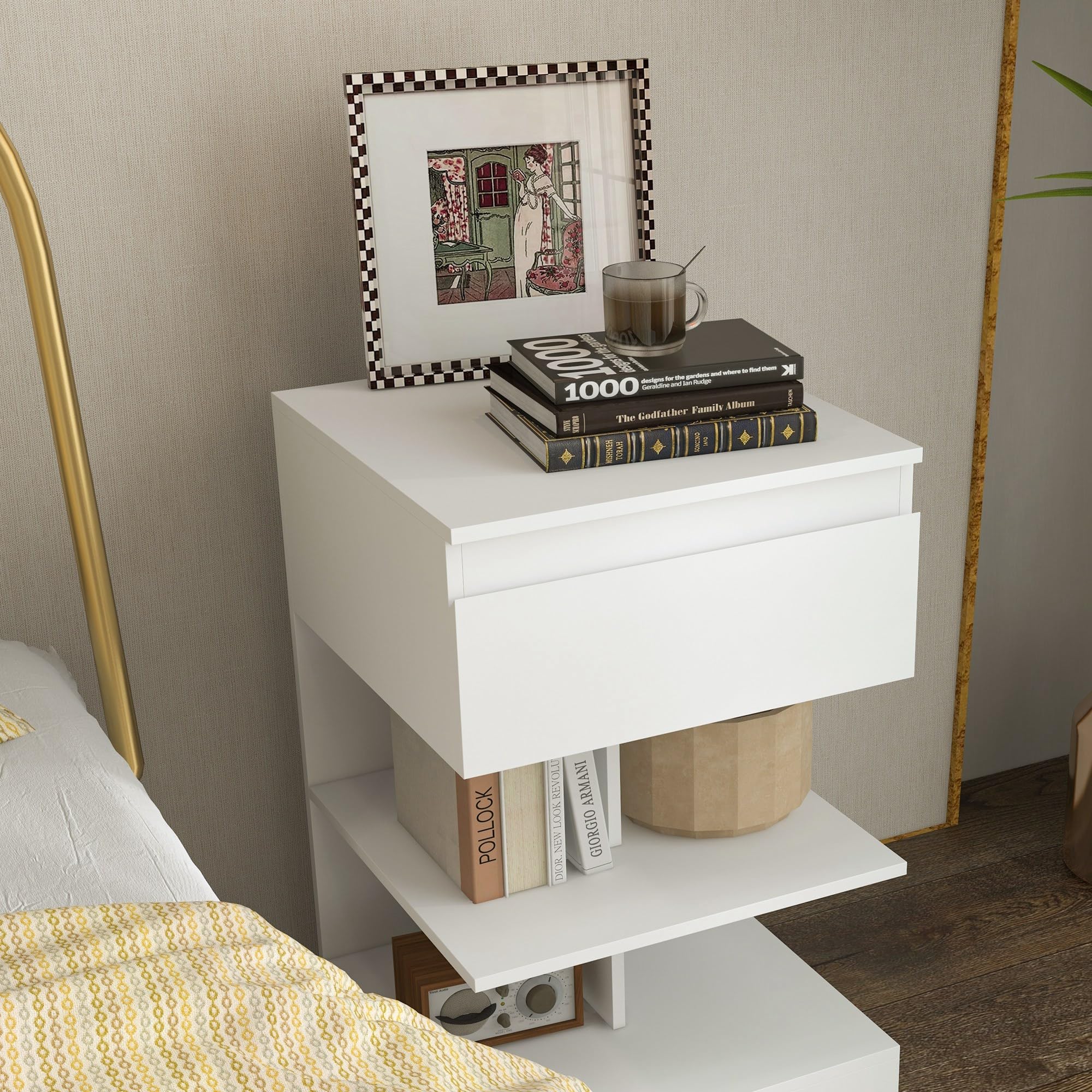 HOMCOM Mesita de Noche Mesa Auxiliar con Cajón para Cama 39x39x65 cm Blanco | 2 Estantes Abiertas, Dormitorio Salón Oficina, Estilo Moderno