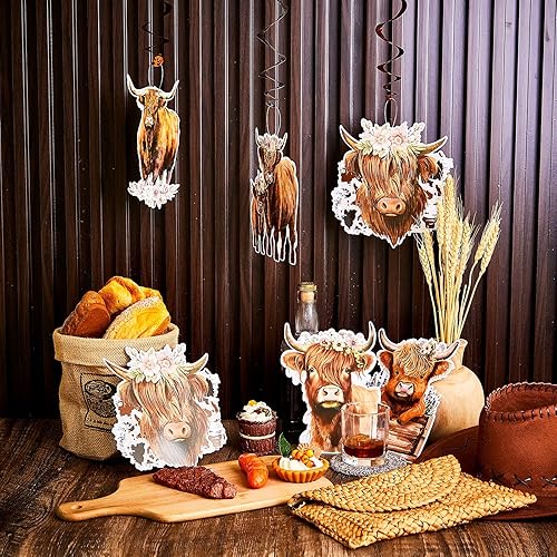 Miniatura 4 de Libima 24 piezas de vaca de las tierras altas colgantes, remolino occidental de las tierras altas, decoraciones de fiesta para baby shower,