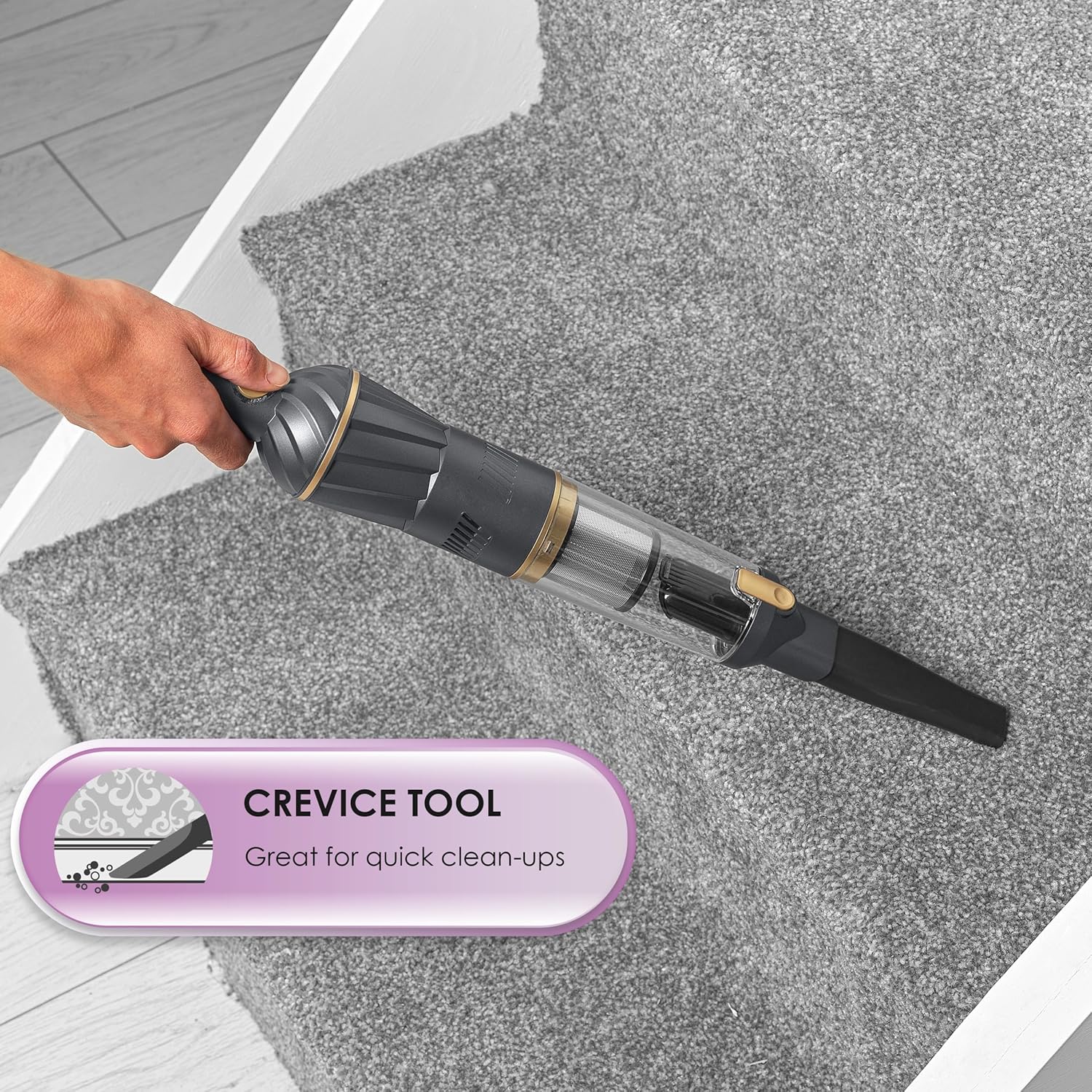 Beldray BEL01096 Airlite Handheld Vacuum Cleaner with crevice tool on stairs