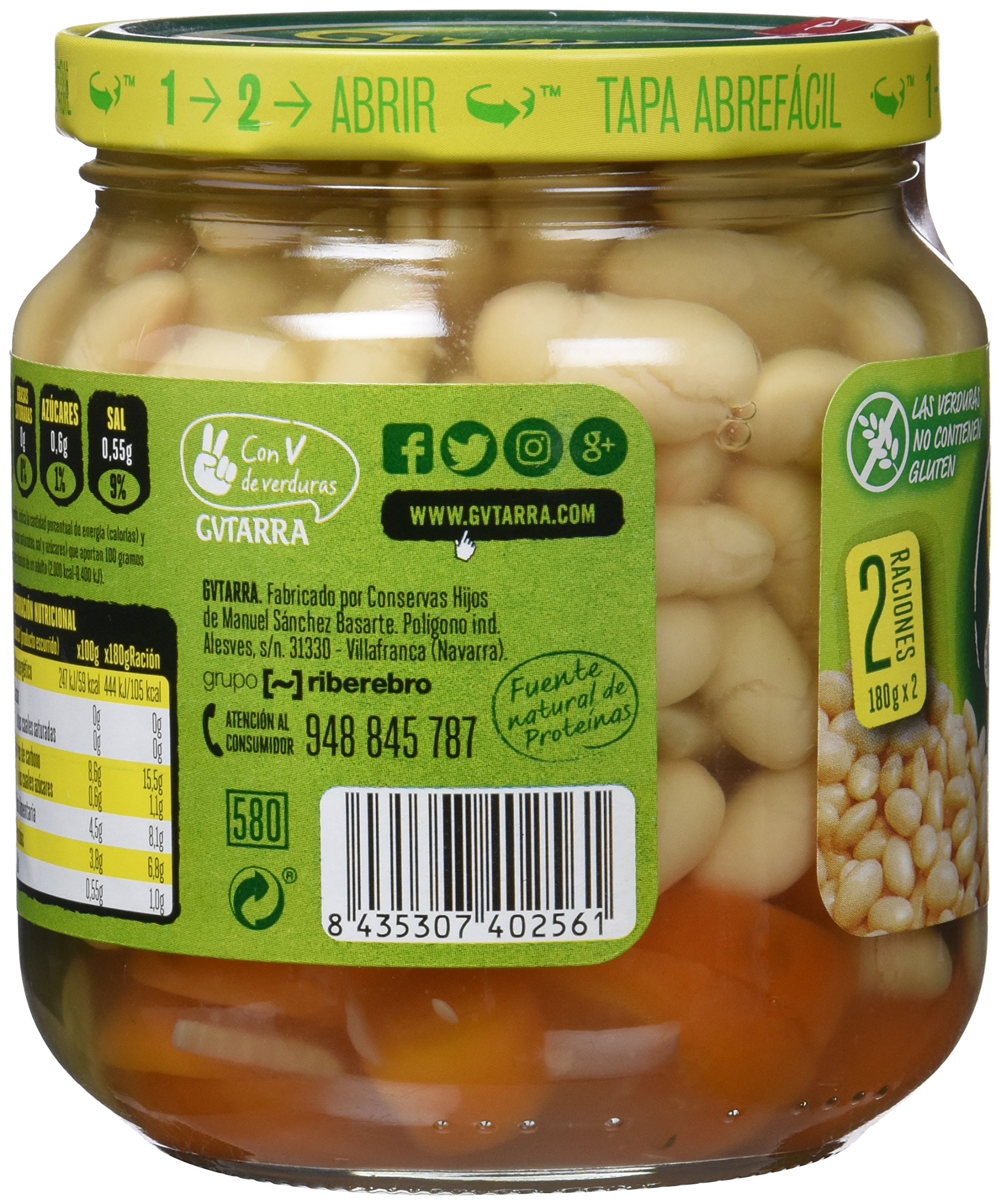 Gvtarra Tus Primeros Alubia Blanca, Puerro, Calabacín y Zanahoria. Legumbre - Paquete de 6 x 360 gr - Total: 2160 gr