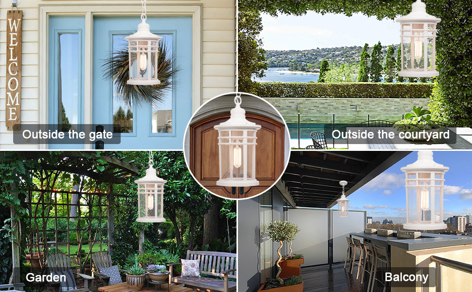 Image of Darkaway Large Outdoor Pendant Lights for Porch, 15inch Outdoor Chandelier Hanging Porch Lights Ceiling Mount Aluminum with Seeded Glass for Front Porch Gazebo Patio (Large, White)