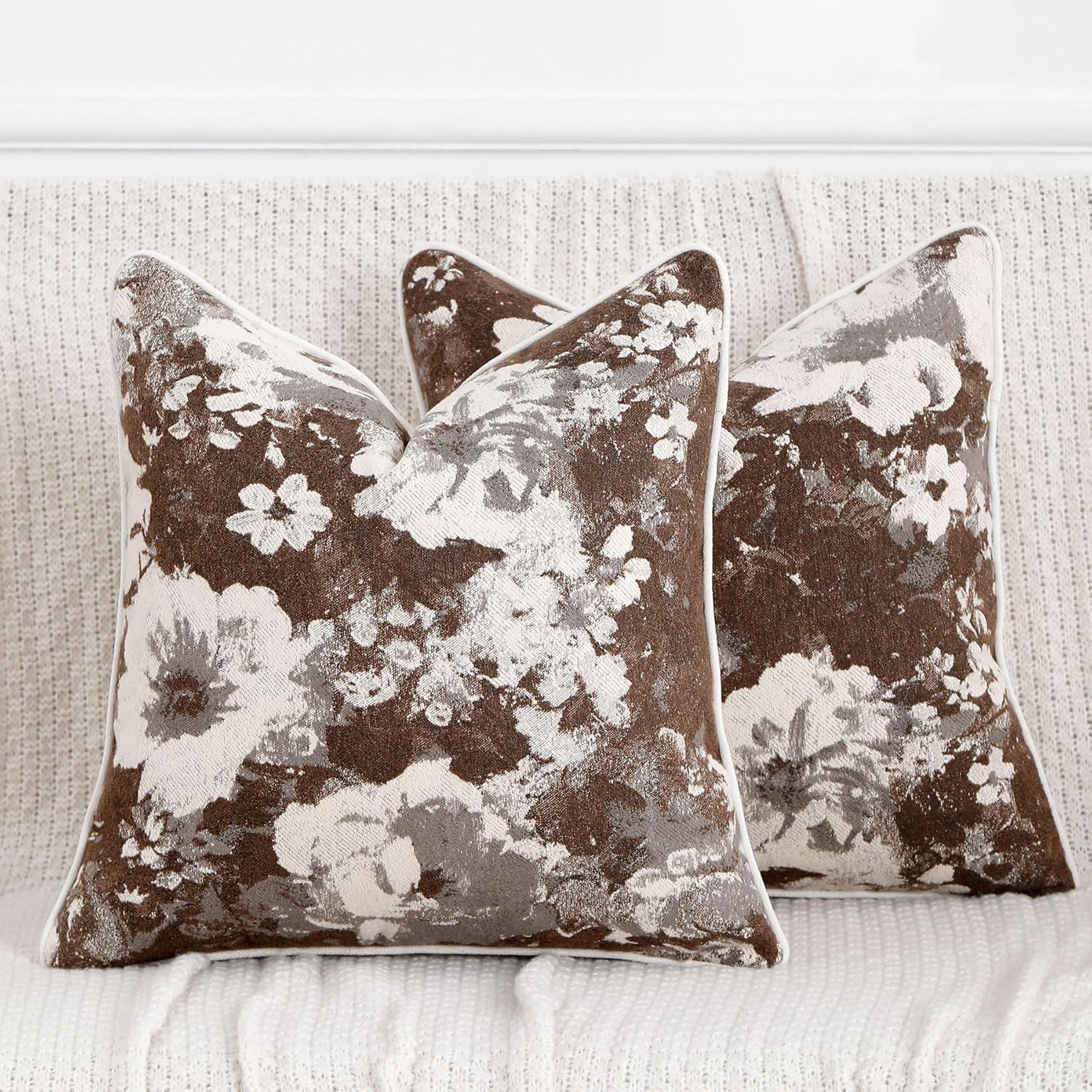 Vintage Floral Throw Pillow Covers 20x20 Set of 2 Neutral Boho Farmhouse Soft Chenille Jacquard Decorative Couch Pillow Covers for Sofa Couch Bed Living Room Home Décor Beige Brown