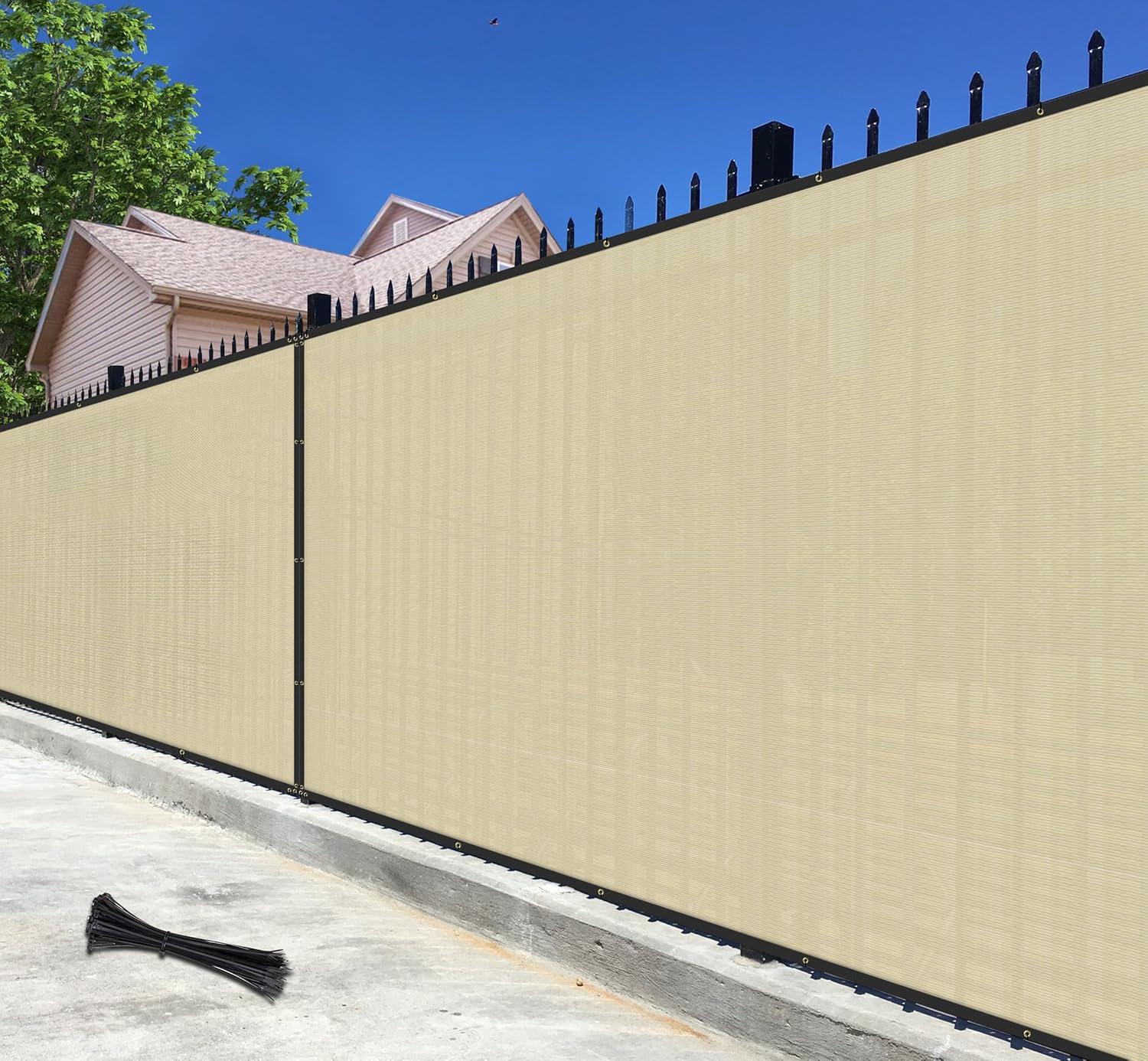 5' x 50' Beige Privacy Fence Screen Net Fencing 90% Privacy Blockage Windscreen Mesh Shade Cover with Copper Grommet for Patio Backyard Garden Swimming Pool, Zip Ties Included