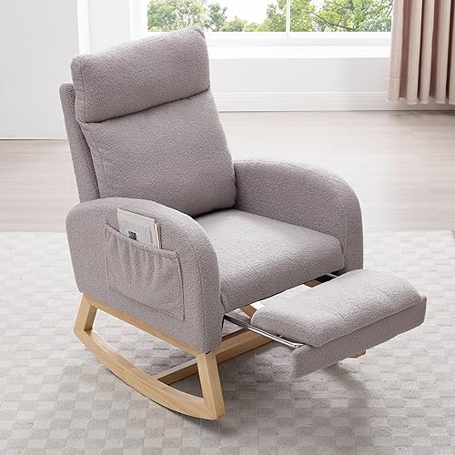 Miniatura 11 de Setawix Mecedora de peluche para guardería, sillón moderno de mediados de siglo con bolsillo lateral, mecedora tapizada de madera con respaldo alto