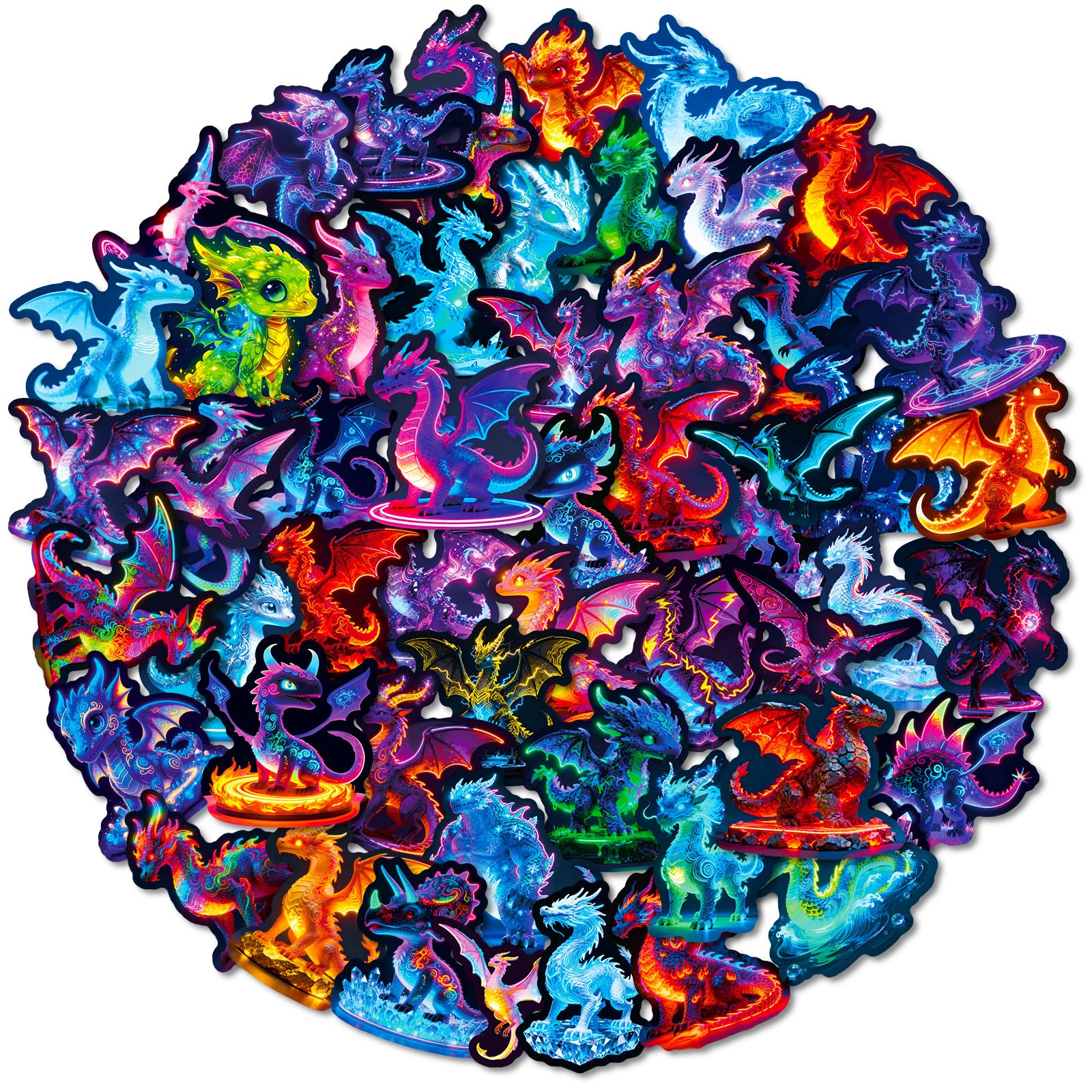 Vibrant Dragon Stickers for Scrapbooking & Decor, Glow Waterproof Decals - Detailed Designs with Fiery Flames, Horns, Wings for Personalising Water Bottles, Laptops, Journals, Crafts