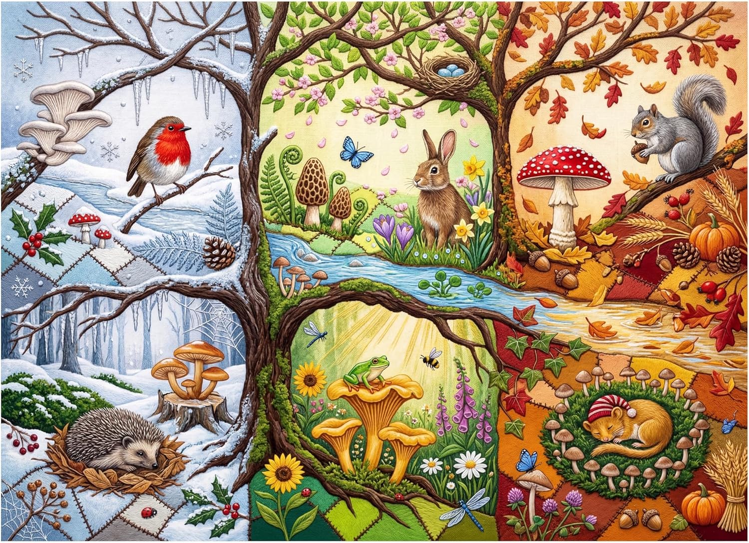 500 Piece Jigsaw Puzzle – Four Seasons Forest with Mushrooms & Woodland Animals, Relaxing Nature Puzzle for Adults & Families, 20.5 x 15 in, Includes Poster