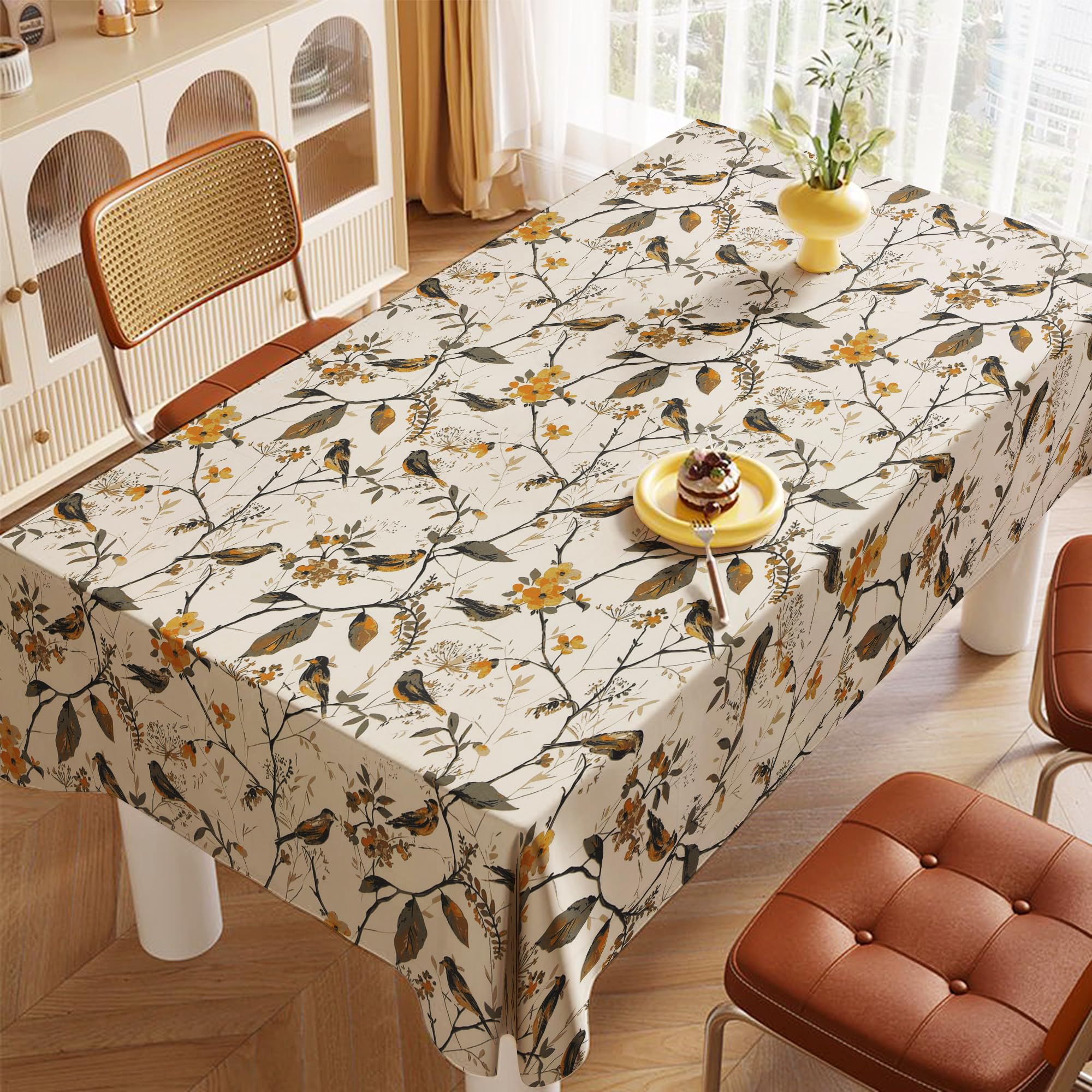 LINENWALAS 100% Cotton Table Cloth for 4 Seater Dining Table, Printed Rectangular Table Cover for Centre Table, 40 x 60 Inches (Birdie Bliss, 4 Seater)