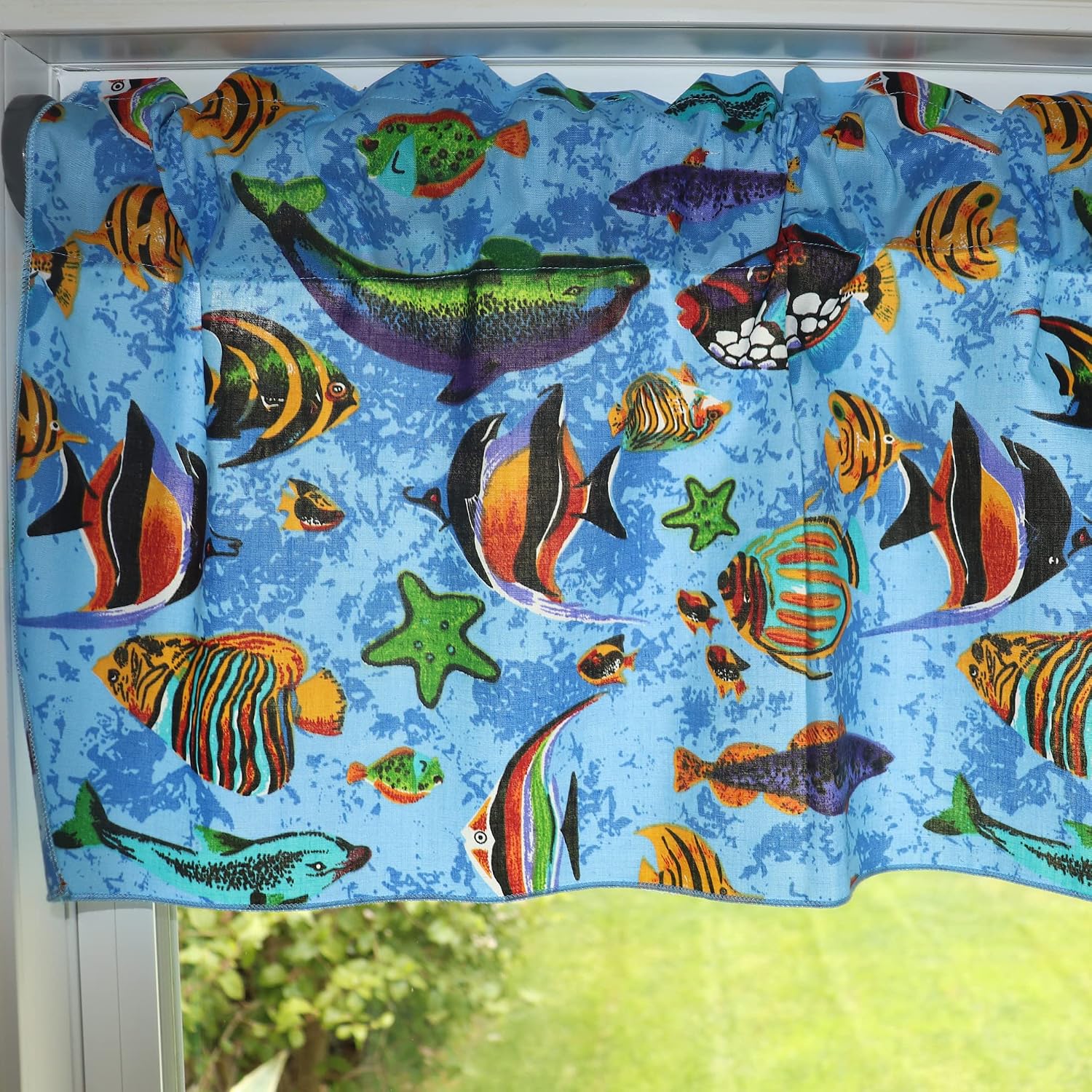 Zen Creative Designs Cotton Animal Print Under The Sea Fish Aquarium Window Valance Home Décor Kids Bedroom Nursery Kitchen Classroom Window (58" Wide x 32" Long, Light Blue)