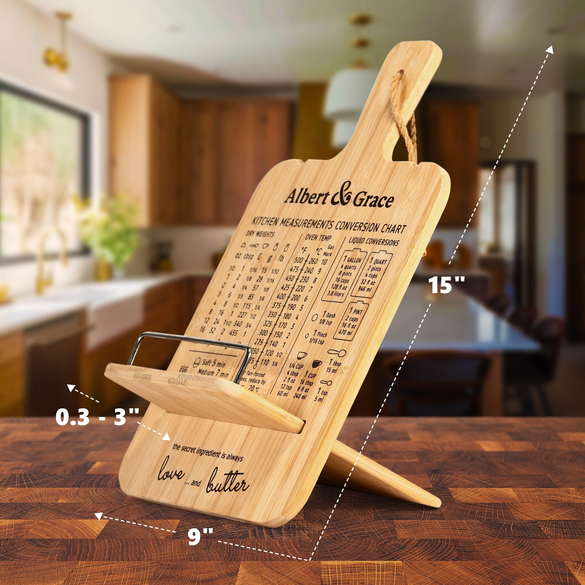 Albert&Grace Adjustable Bamboo Cookbook Stand with Conversion Chart - Recipe Book Holder for Kitchen Counter, Large Wooden Stand for Cookbooks, Tablets, & iPads - Image 3