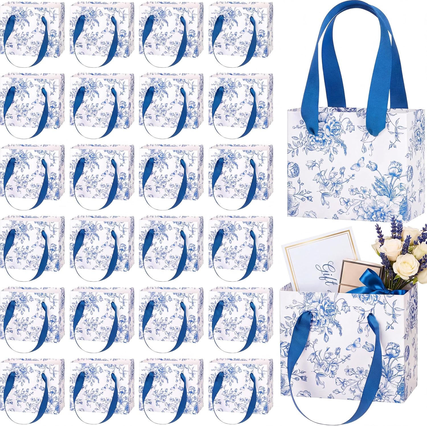 Ctosree 24 Pcs Small Floral Gift Bags, Blue Mini Paper Favor