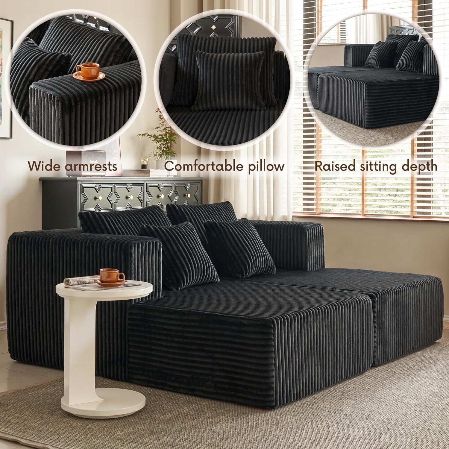 YINIX 82" Oversized Chaise Lounge Chair, Corduroy Upholstered Sleeper Sofa with 4 Throw Pillows and Wide Armrest for Living Room, No Assembly Required Loveseat Couch, Black