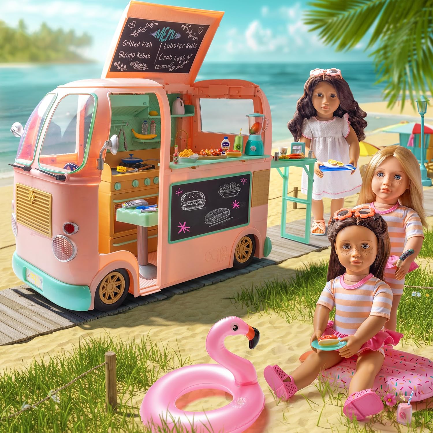 Our Generation – 50+ Realistic Accessories – Chalkboard Menu Boards – Cooking Areas with Oven & Grill – Kids Ages 3 Years Old + – On the Move Food Truck