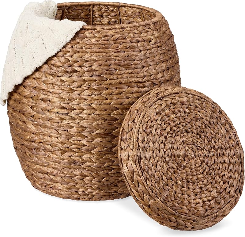 Best Choice Products Cesta de almacenamiento multiusos de jacinto, decoración de plantas, bolsa organizadora tejida a mano para dormitorio, sala de estar, guardería, con tapa - castaño