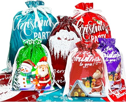 Yunaeduo Drawstring Christmas Gift Bags -30PCS Christmas Bags Assorted Sizes for Presents - Plastic Wrapping Bags Bulk - Xmas Gift Bags, 6 Designs Large/Medium/Small Sizes
