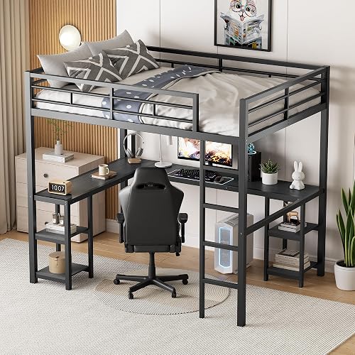PVWIIK Full Metal Loft Bed with Desk Storage Shelves Ladder Guardrails for Kids, Teens, Space-Saving, Black Bedroom Bed Frame