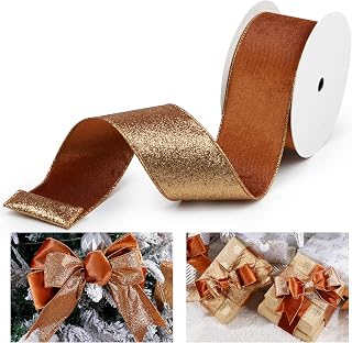 Copper Velvet Wired Ribbon with Glitter Back 2.5 Inch, 10 Yards