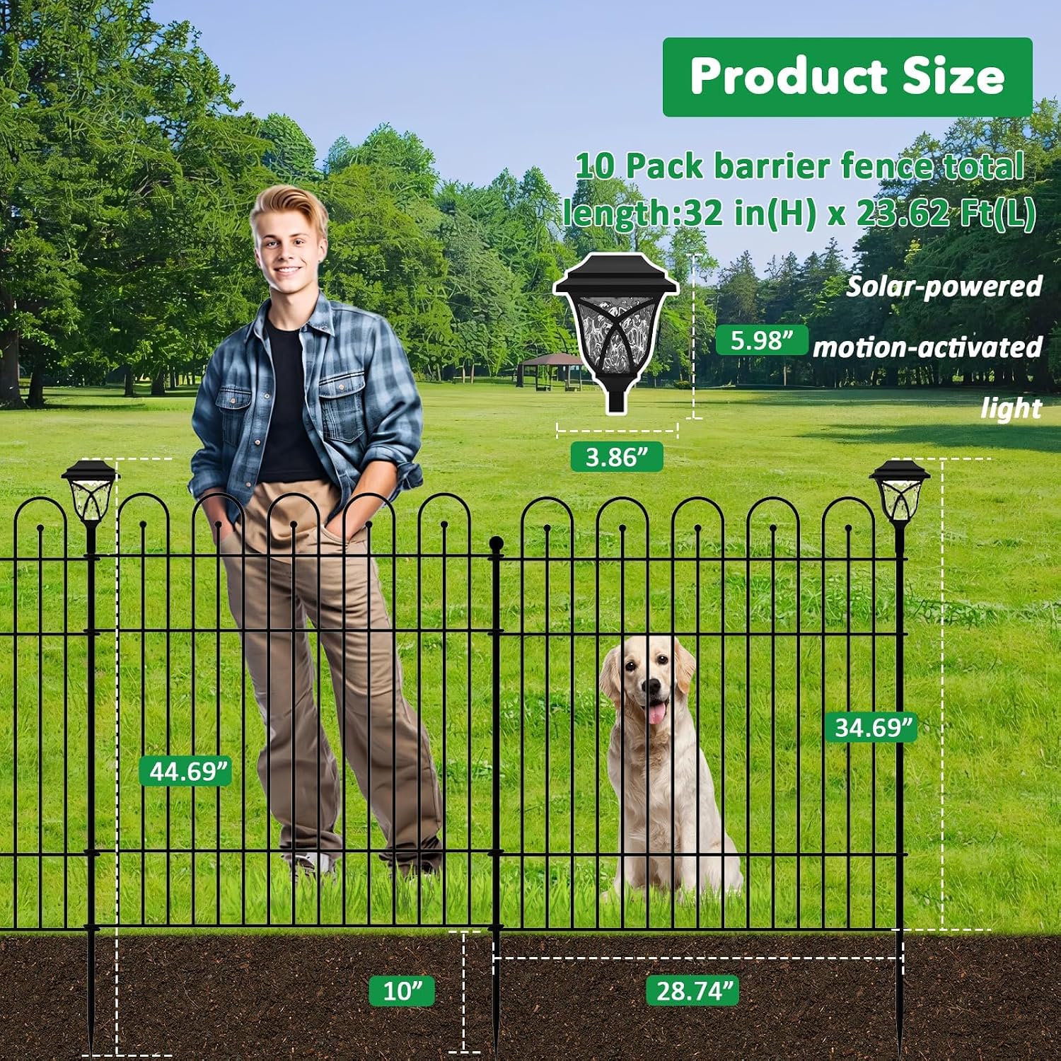 Garden Fence Animal Barrier with Gate, 10 Panels No Dig Dog Fence Outdoor