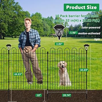 Garden Fence Animal Barrier with Gate, 10 Panels No Dig Dog Fence Outdoor