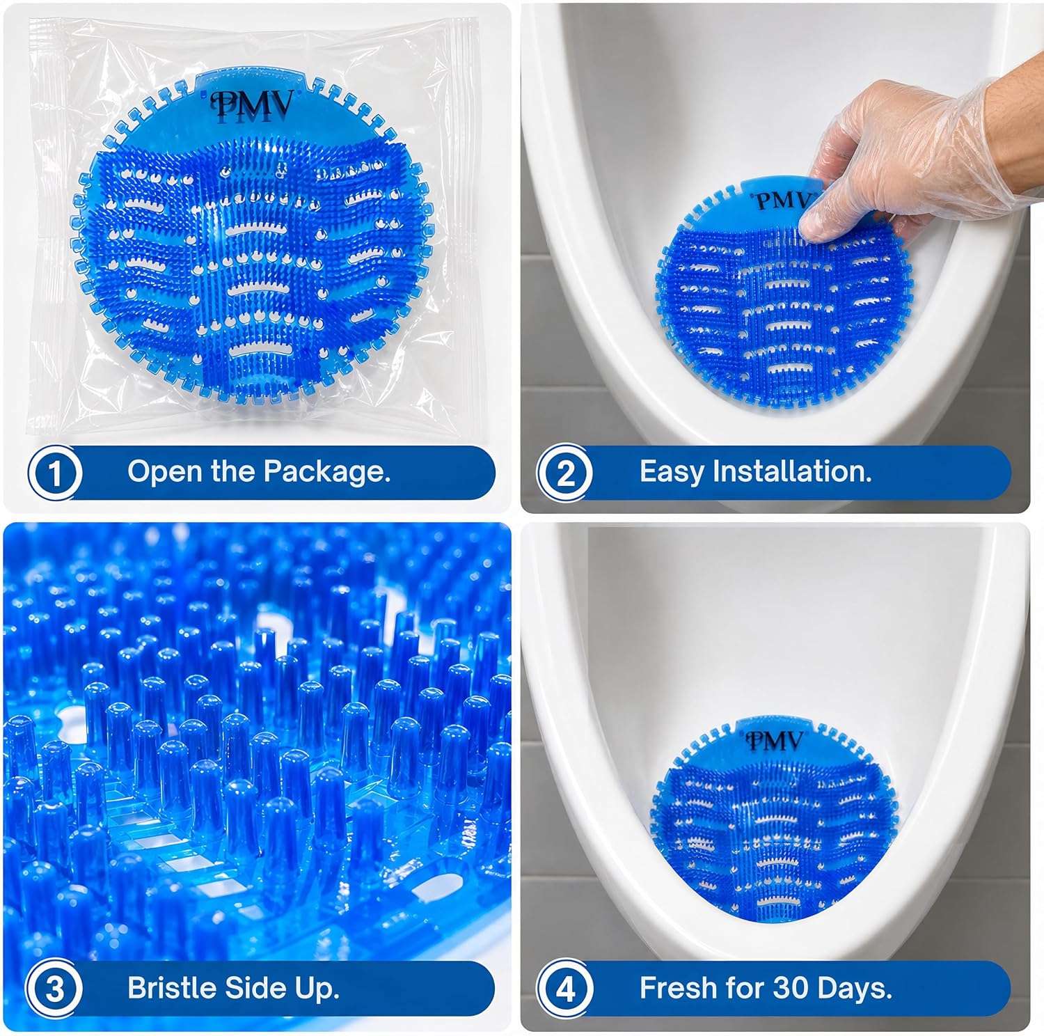 PMV Urinal Screen Deodorizer 24-Pack with 24 Gloves, 30-Day Long Lasting Scent, 8 Lemon Burst, 8 Citrus, & 8 Ocean Wave, Anti-Splash Fragrance Mats for Men Toilets