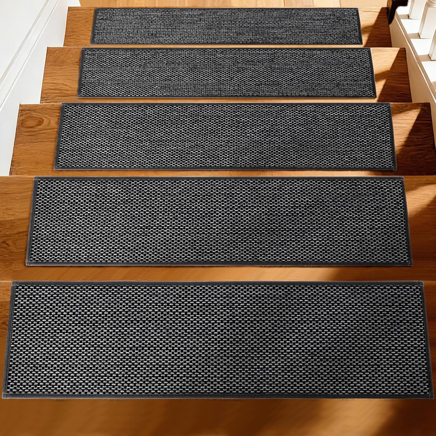 Carpet Stair Treads for Wooden Steps Indoor, 8x30 Inch Non-Slip Stair Runner & Treads for Wooden Steps with Reusable Adhesive -15-Pack (Black), Safe for Kids, Elders, Pets