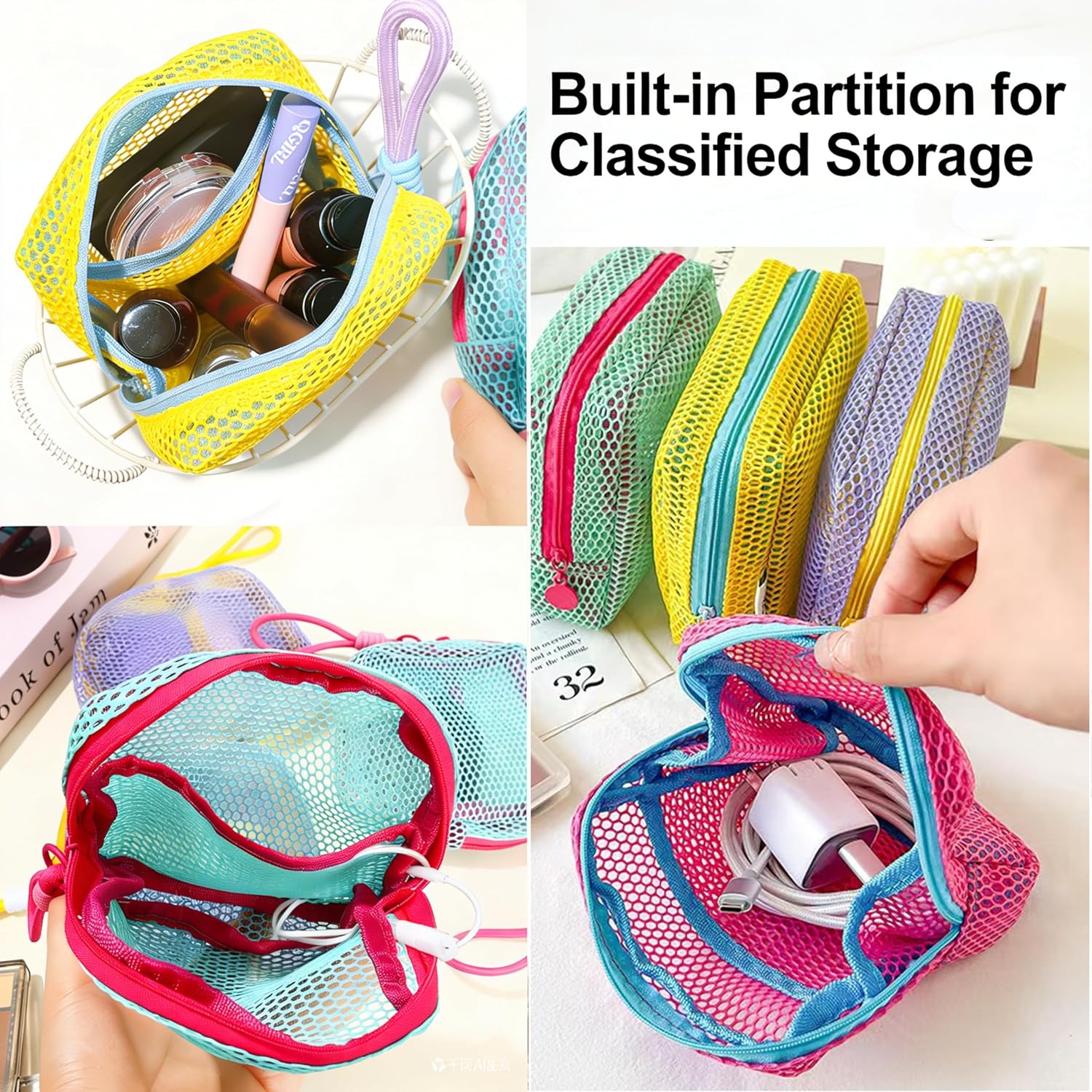 Small Makeup Bag, Mesh Cosmetic Pouch See Through with Detachable Hand Strap, Dopamine Color Partitioned Storage Organizer for Travel, Coin Purse & Cable Organizer (Yellow+Light Purple+Green)