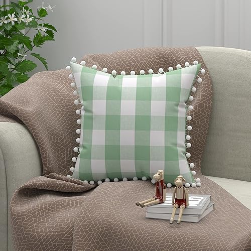 Miniatura 2 de Fundas de almohada decorativas de algodón a cuadros con pompones, funda de almohada retro de estilo rústico a cuadros para sofá, automóvil,