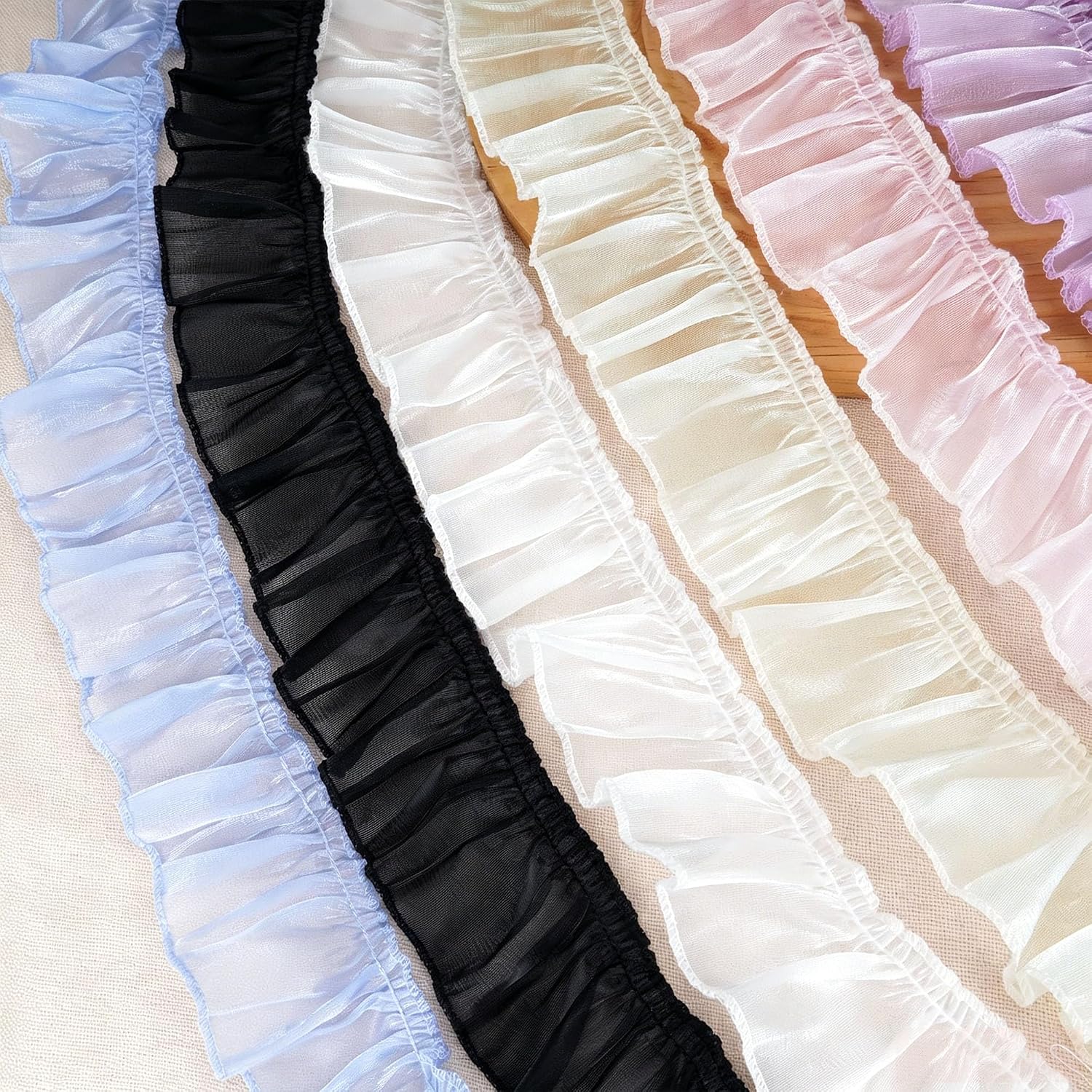 SEWVIVD 2 Inch Wide 6 Yards Shiny Organza Ruffle Trim, Black Pleated Glossy Lace Ribbon Frill Trim for Sewing DIY Crafts & Clothing Embellishments, Dress, Wedding Decor