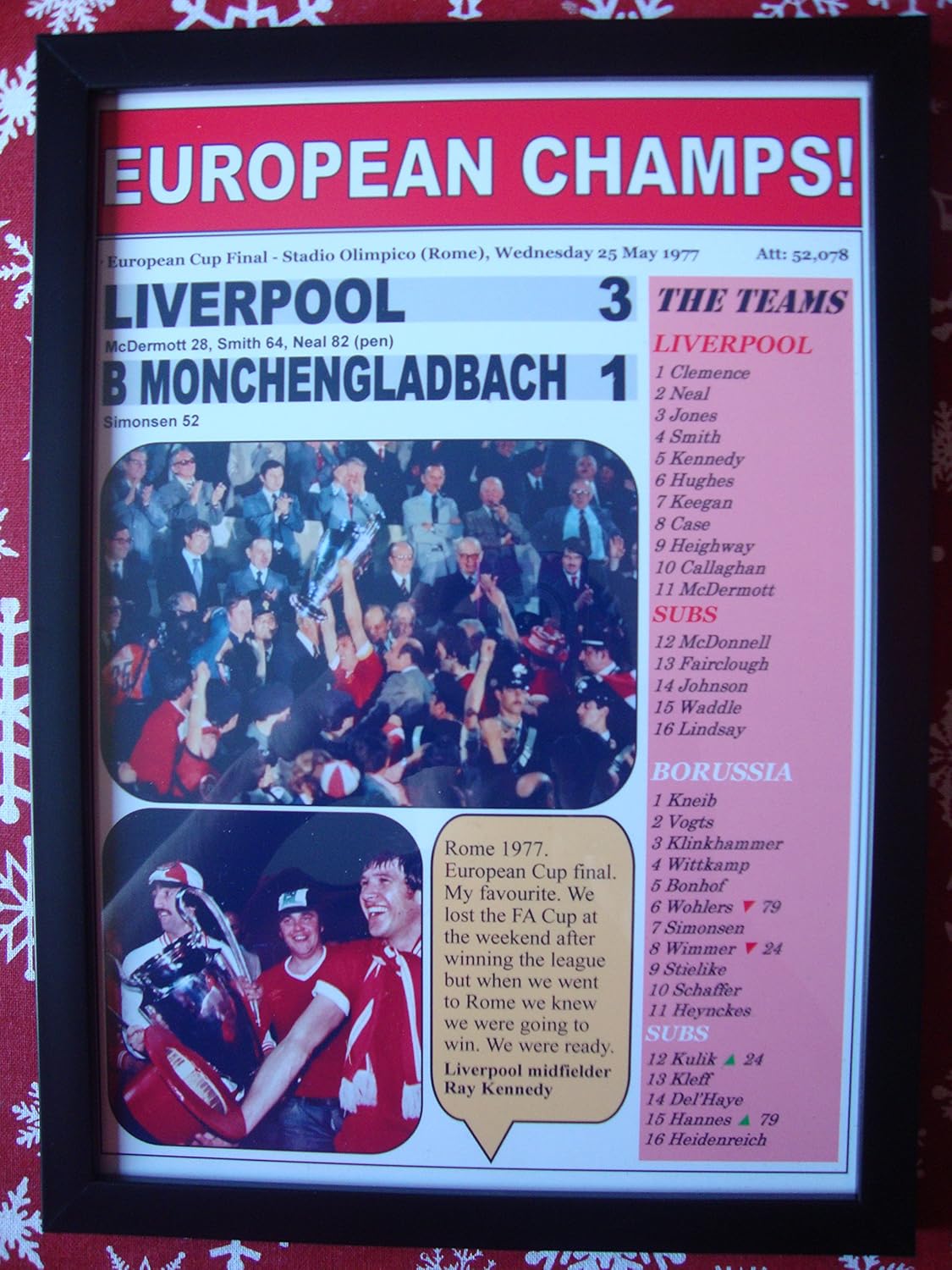 Sports Prints UK Liverpool 3 Borussia Monchengladbach 1-1977 European Cup final - framed print
