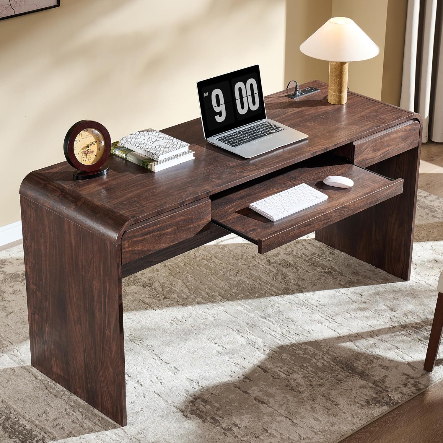 63" Modern Computer Desk with 2 Drawers, Wood Curved Executive Desk with Keyboard Tray & Power Outlet, Writing Desks with Storage for Home Office, Study Room, Living Room (Brown)