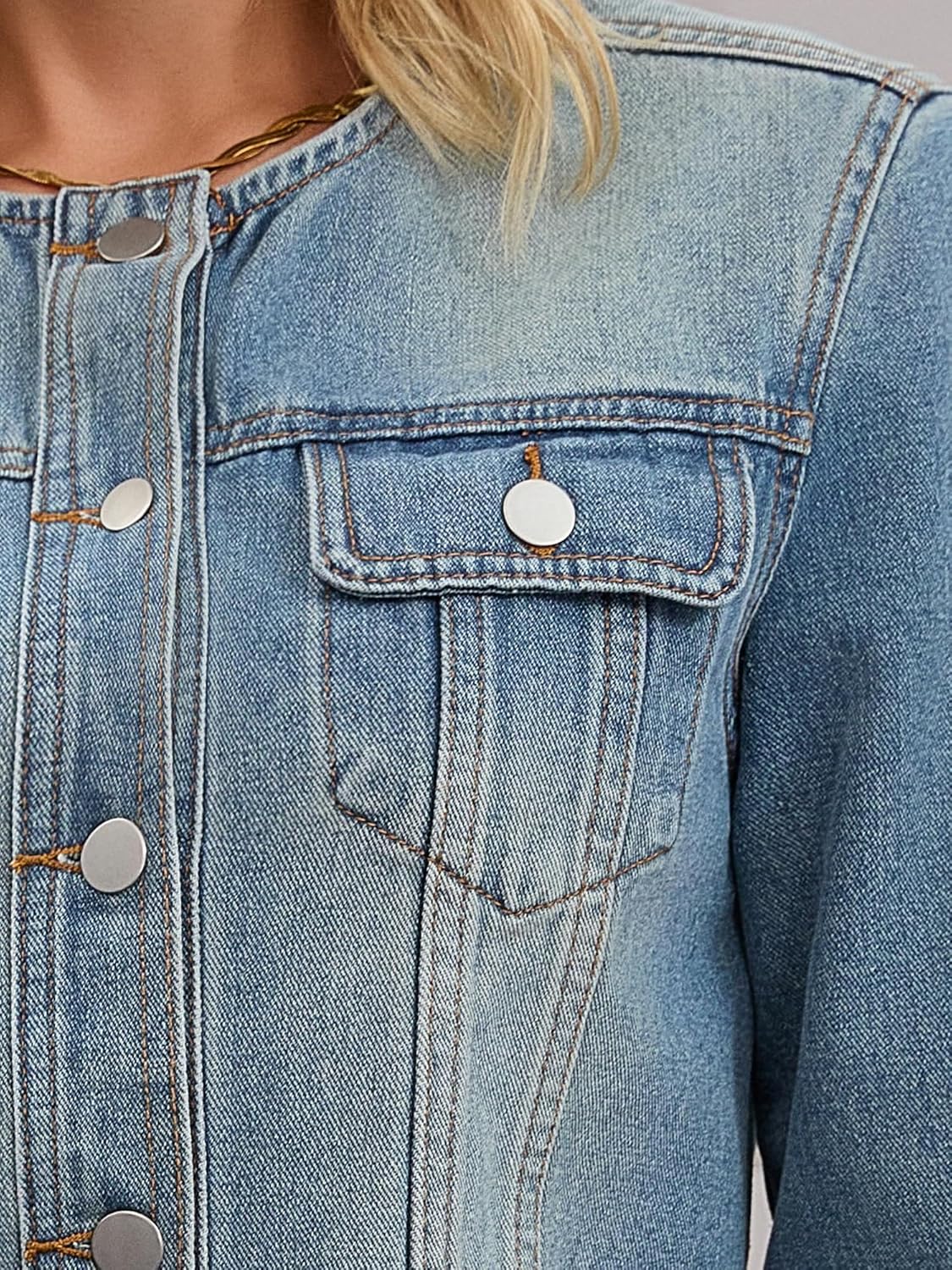Women's Denim Jacket Collarless Button Down Western Long Sleeve Jean Jackets - Image 5