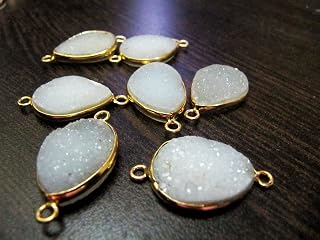 Set of 2 Piece Natural White Druzy Pear Shape Connector Bezel 13x18mm Gold Plated