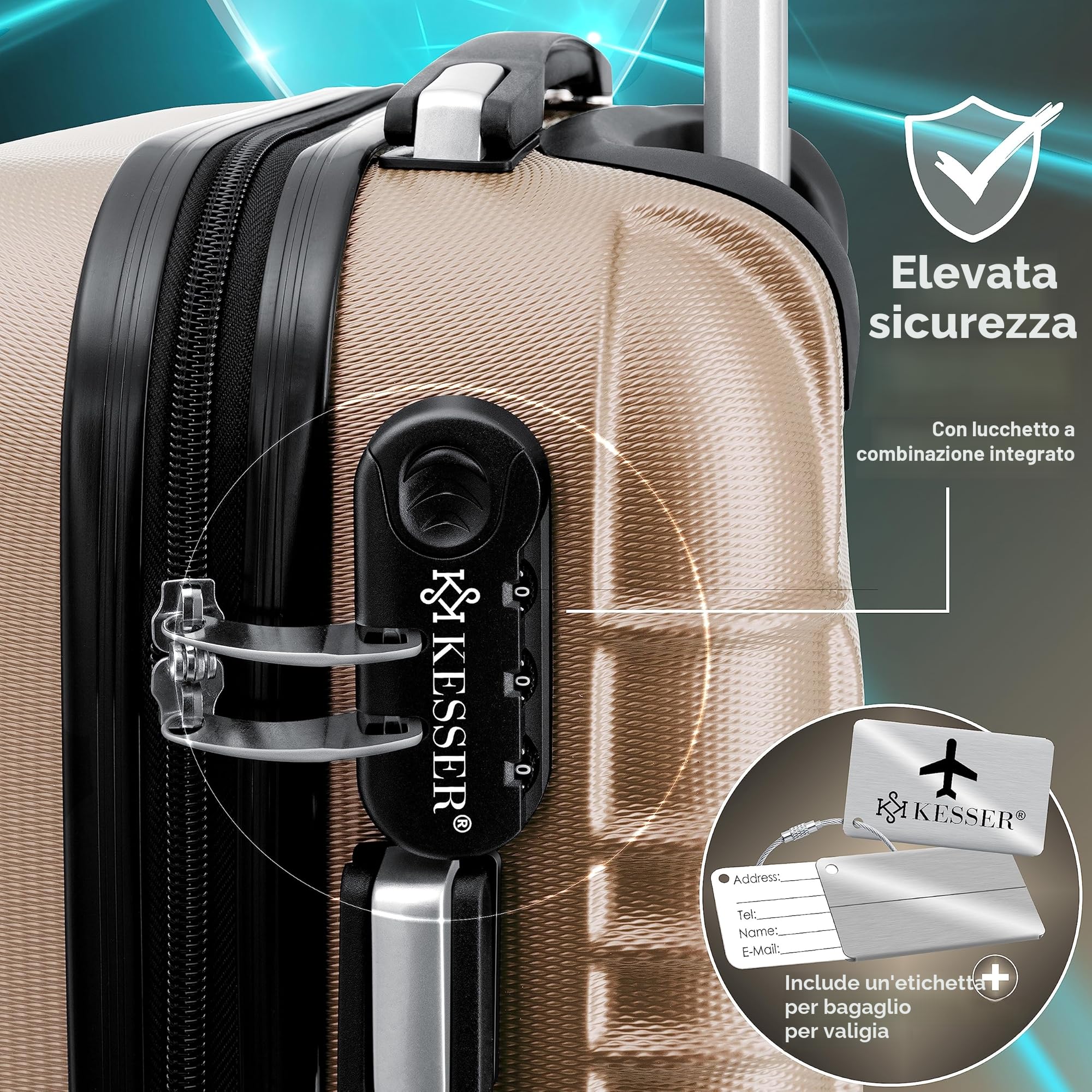 KESSER® Valigia da viaggio, incl, Bilancia per bagagli + Etichetta per bagagli, Trolley, Valigia, Serratura a combinazione, Guscio rigido in ABS, 66cm - 84L / Champagne