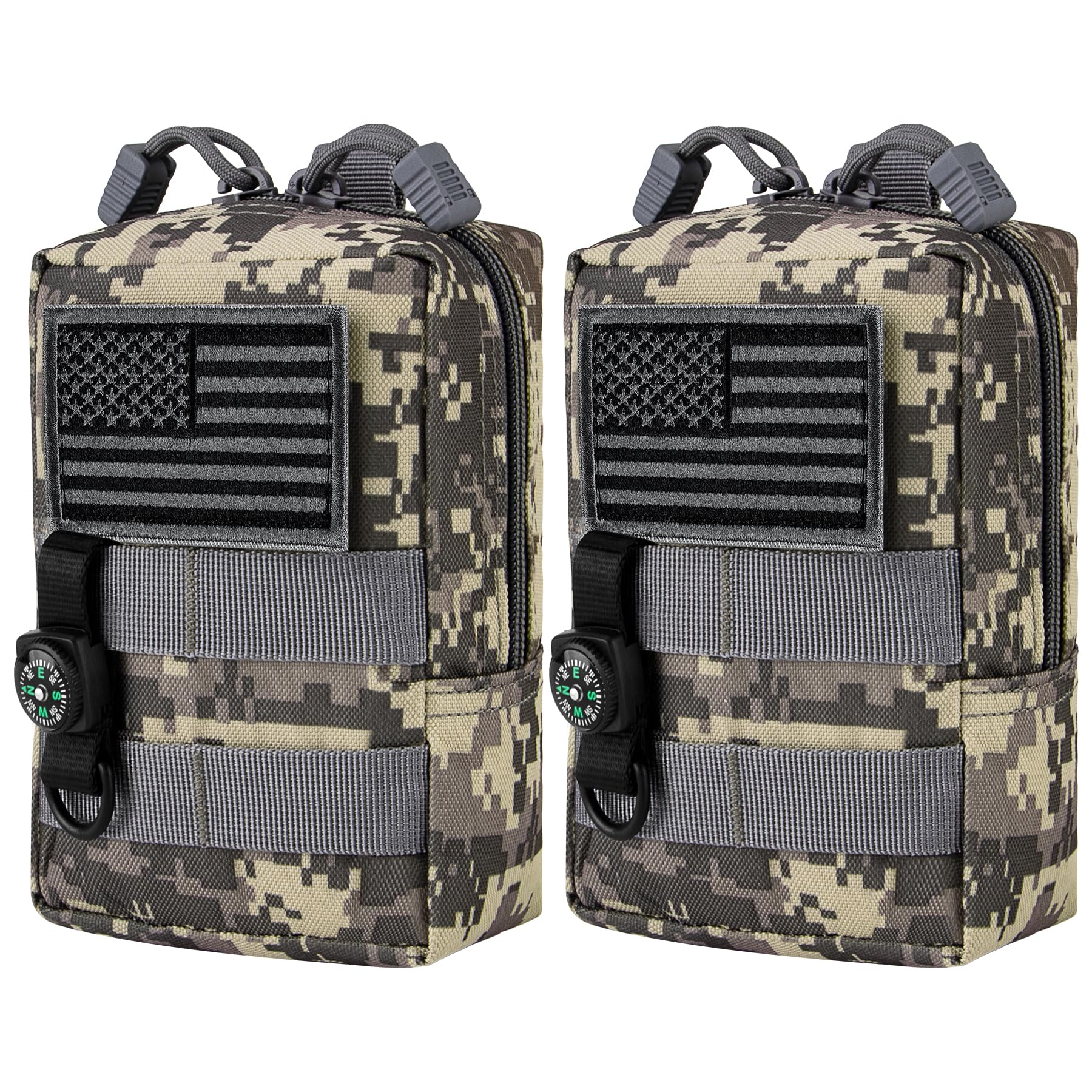 bvya 2 Pack Tactical Molle Pouch Multi-Purpose Compact Waist Pack Water-Resistant Small Utility EDC Pouch with Flag Patch for Molle Backpack, Mini Compass Included — image 1