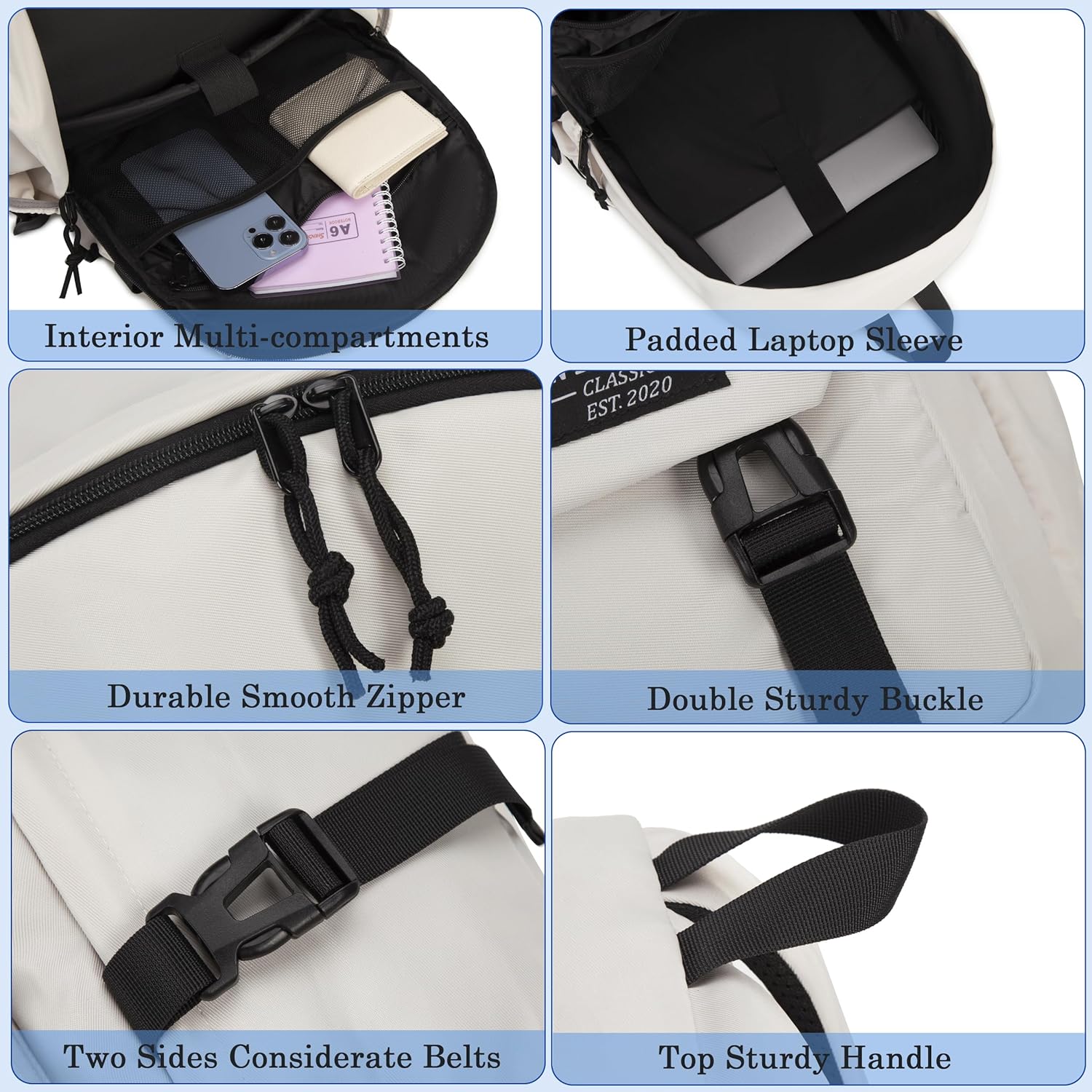 Hidds College Laptop Backpack for Men Women 15.6 Elementary Middle High School Book Bag For Teens Girls Boys Anti Theft Travel Backpacks Waterproof Casual Daypack Large Student Bookbags（Beige-M） - Image 6