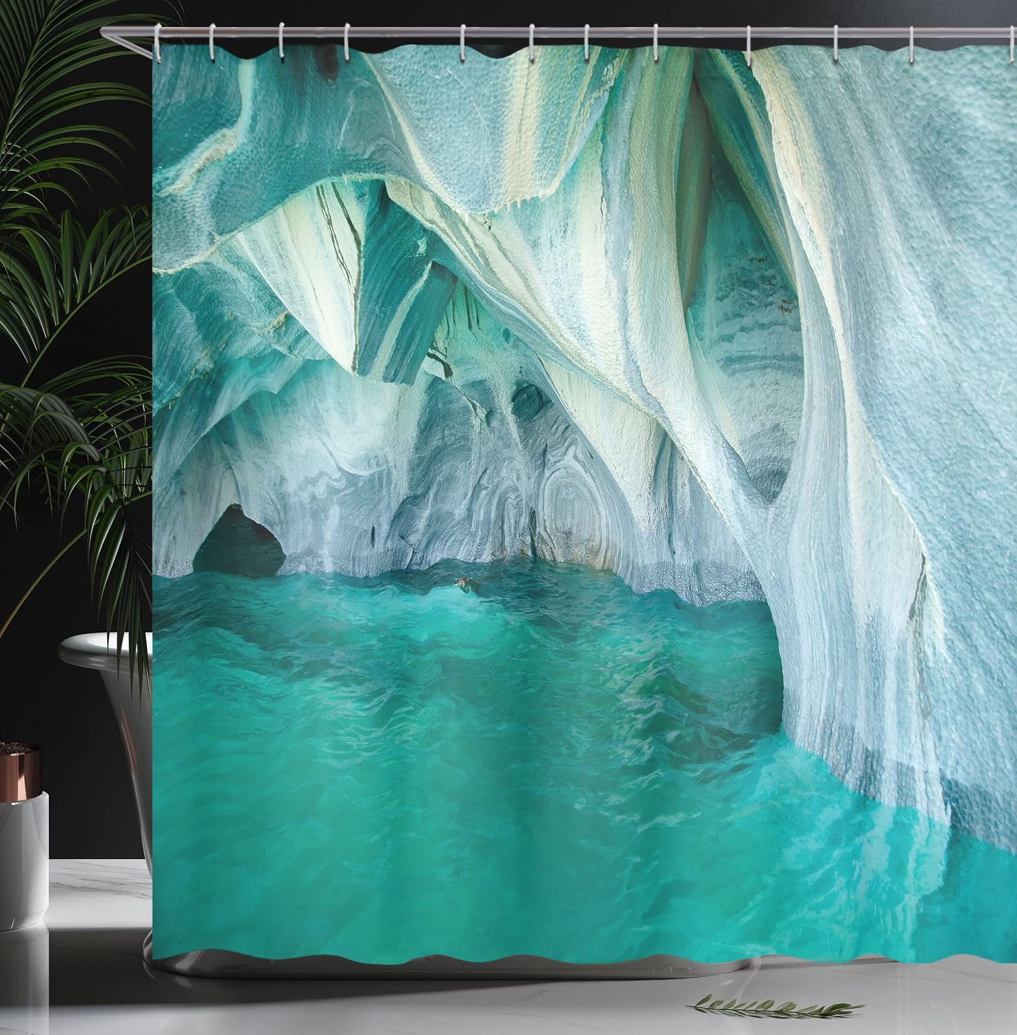 Ambesonne Nature Shower Curtain, Natural Marble Cave at European Mediterranean Lake Geologic Eroded Art Photo, Cloth Fabric Bathroom Decor Set with Hooks, 69" W x 70" L, Turquoise Grey