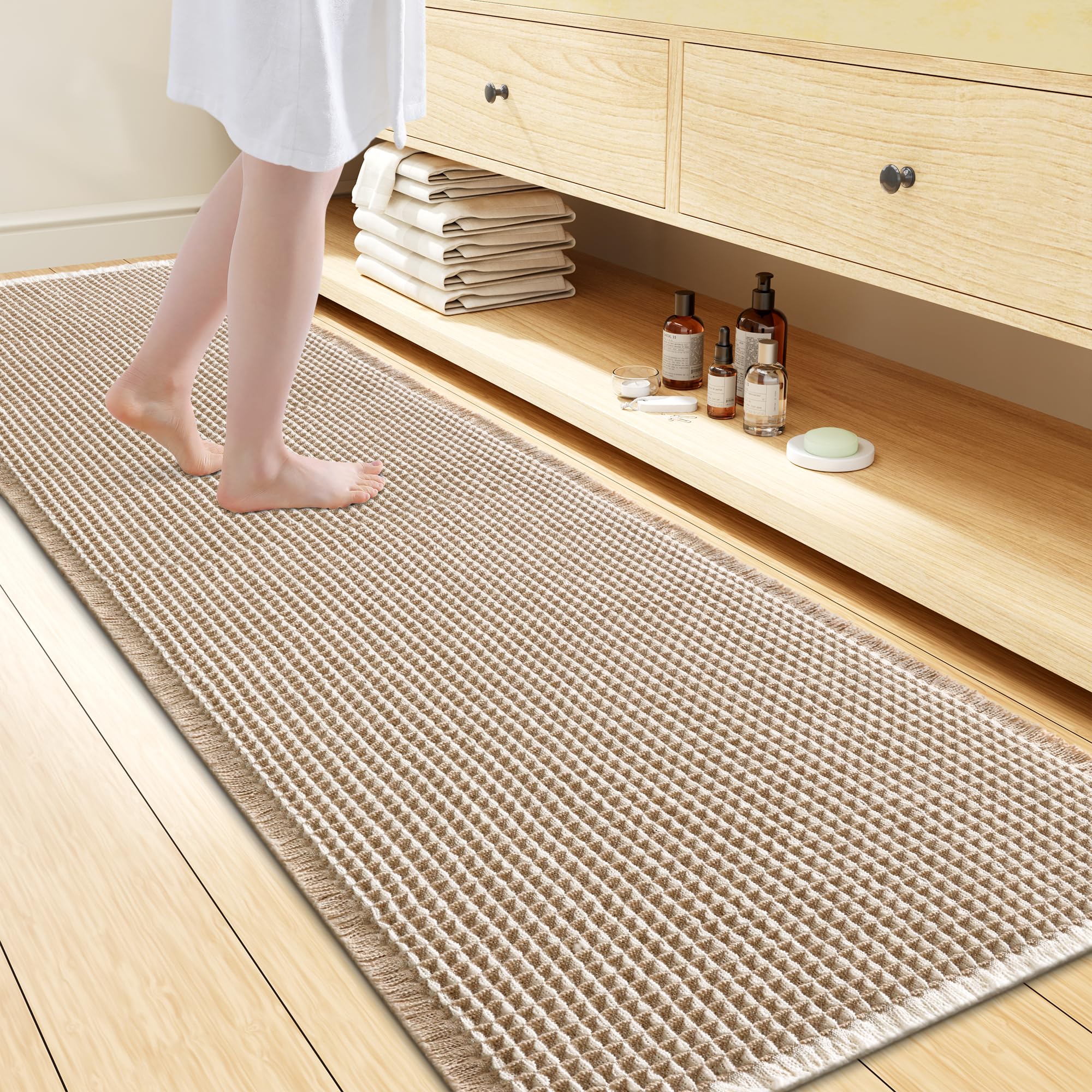 Smiry Waffle Bath Mat 72X24, Soft Absorbent Bathroom Rugs, Brown &amp; Cream