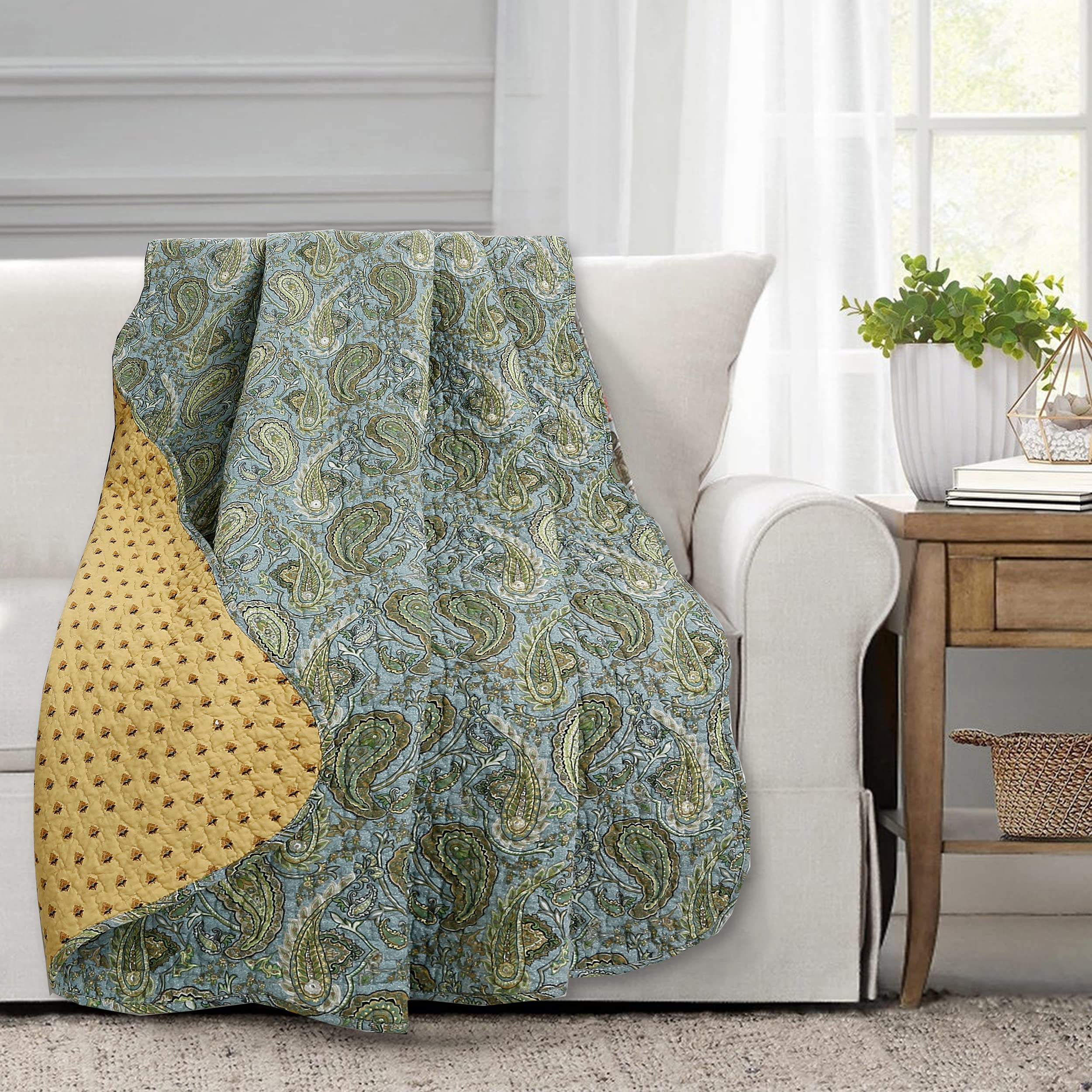 Cozy Line Home Fashions Country Stream Blues Paisley Blue Green Yellow Scalloped Quilted Cotton Reversable Throw Blanket (60"x 50" inch)
