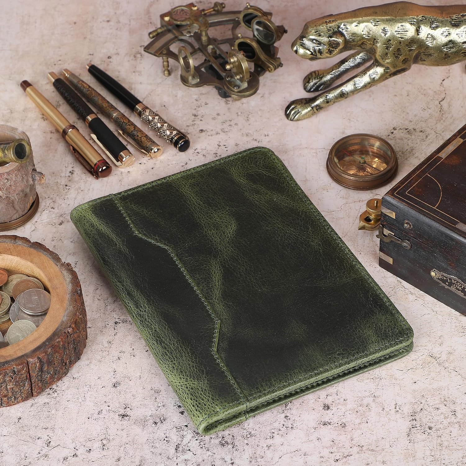 Leather Junior Padfolio for Men Women Business Portfolio Folder Compact 5 x 8 Legal Pad Organizer with Pen Loop Professional Resume Interview Document Holder Padfolio (Green)
