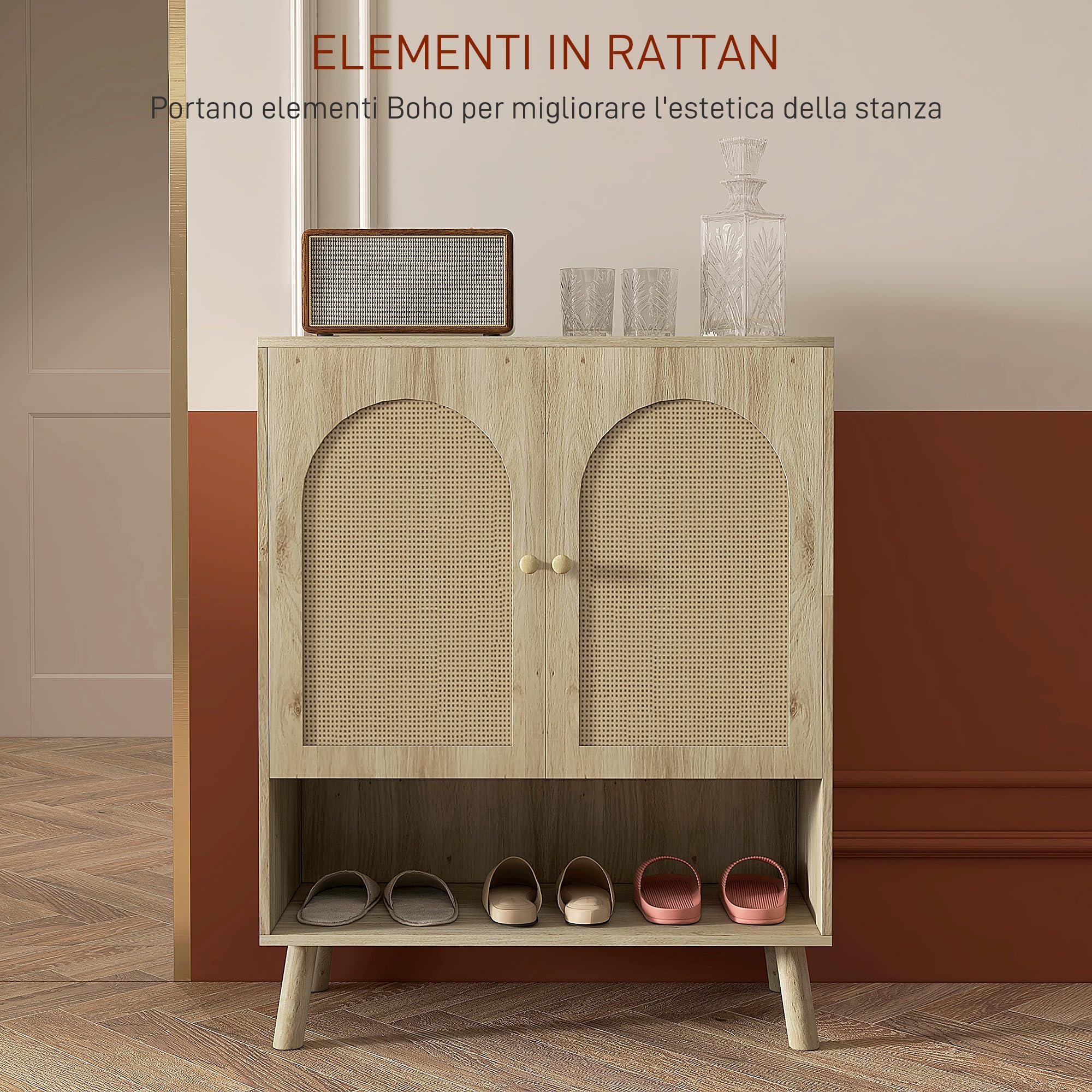 HOMCOM Mobile da Ingresso e Soggiorno in Stile Boho, Mobile Multiuso con Ante in Rattan e Ripiano Aperto, 80x38x100cm, Rovere