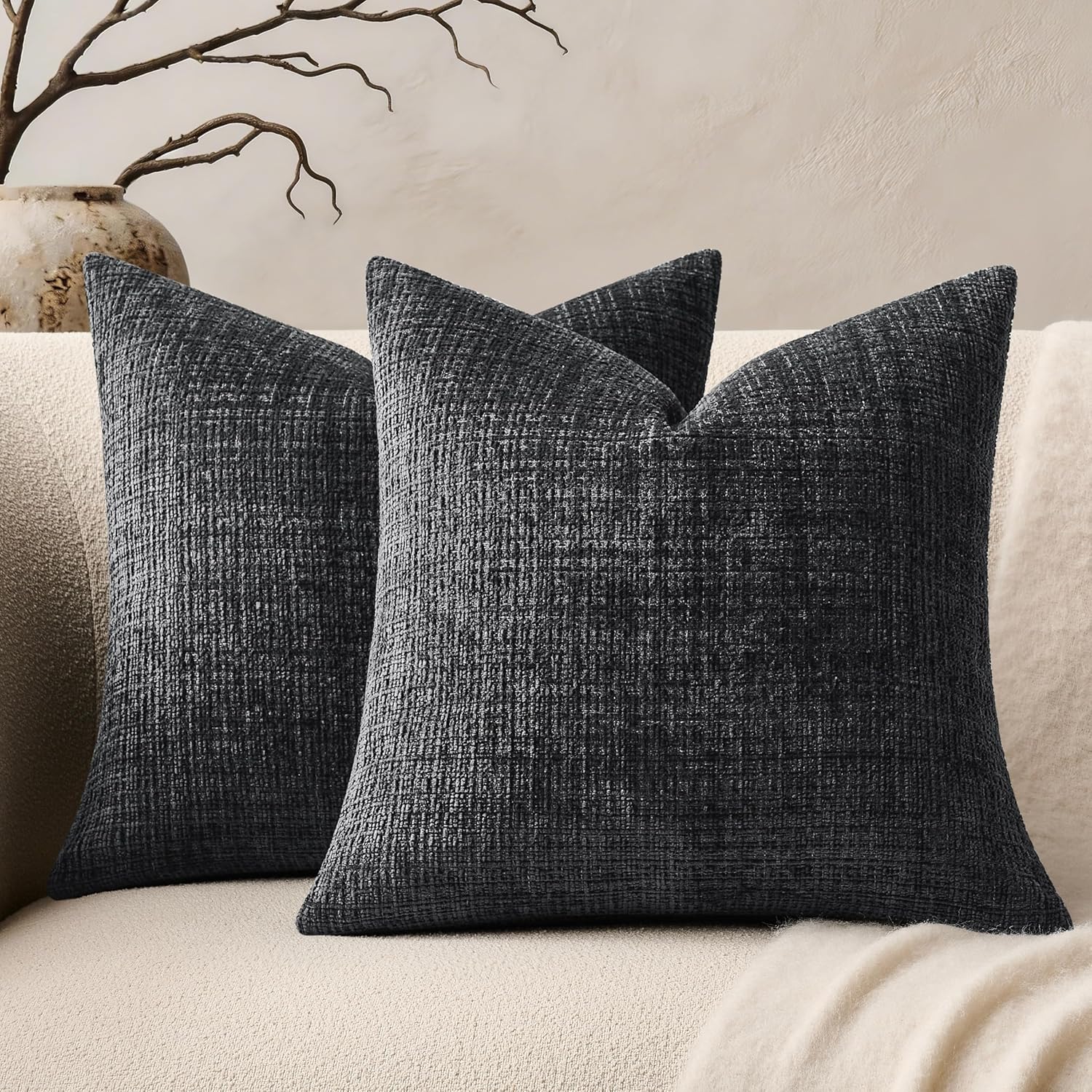 ZeeMart Fine-Textured Throw Pillow Covers Set of 2, 20x20 Inch Charcoal, Soft Chenille Accent Decorative Dark Grey Cushion Cases for Couch Sofa Bed Living Room Bedroom Farmhouse Boho Home Decor