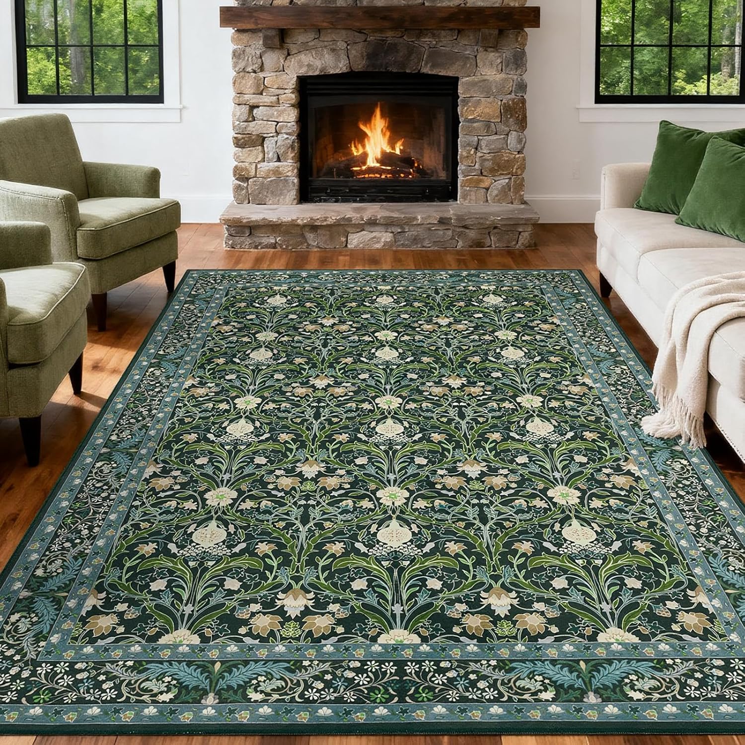 8x10 Washable Floral Area Rug for Living Room,Vintage Floral Non-Slip Carpet,Soft Low Pile Boho Rug for Dining Room, Guestroom,Office, Kids Room,Farmhouse, Nursery, Living Room Decor