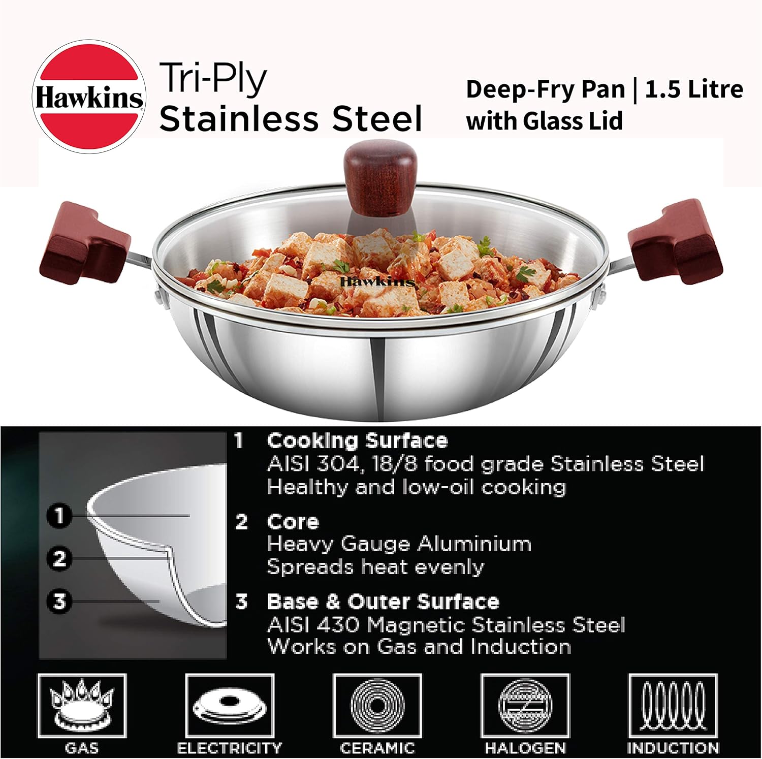 Hawkins 1.5 Litre Deep Fry Pan, Triply Stainless Steel Kadai with Glass Lid, Flat Bottom Induction Kadhai, Small Kadai, Silver (SSD15G)