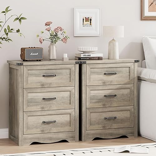 Miniatura 6 de Mesita de noche con 3 cajones, mesa auxiliar de noche de granja de 24 pulgadas de ancho, mesa auxiliar de madera rústica con mango mental, cómoda