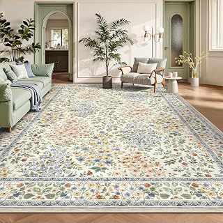 8x10 Area Rugs, Machine Washable Low Pile Floral Rugs for Living Room, Bedroom, Large Boho Area Rug with Non-Slip Backing for Dining Room(Beige Floral) - Amazon product rated Grade A