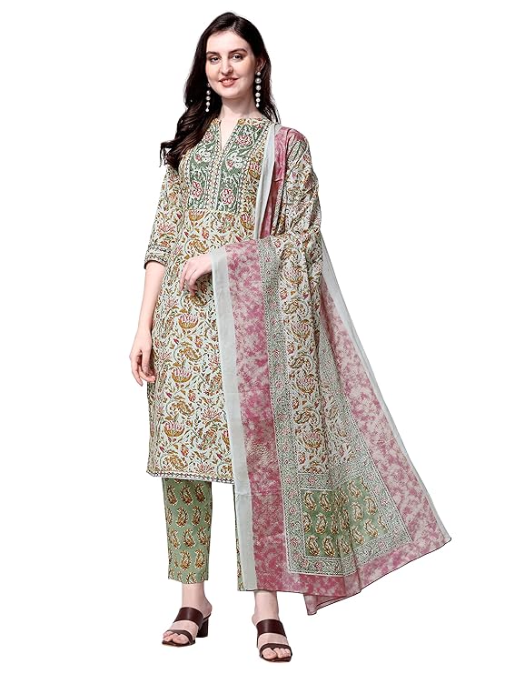 MIRCHI FASHION Women’s Designer Straight Fit Cotton Printed and Embellished Kurta Set with Trouser Pant and Dupatta – Light Pista Green, Multi