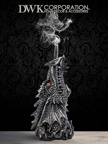 Miniatura 7 de DWK Estatua gótica medieval de 60in con diseño de cabeza de dragón mítico con ventilación de humo de fosa nasal acabado de peltre negro envejecido